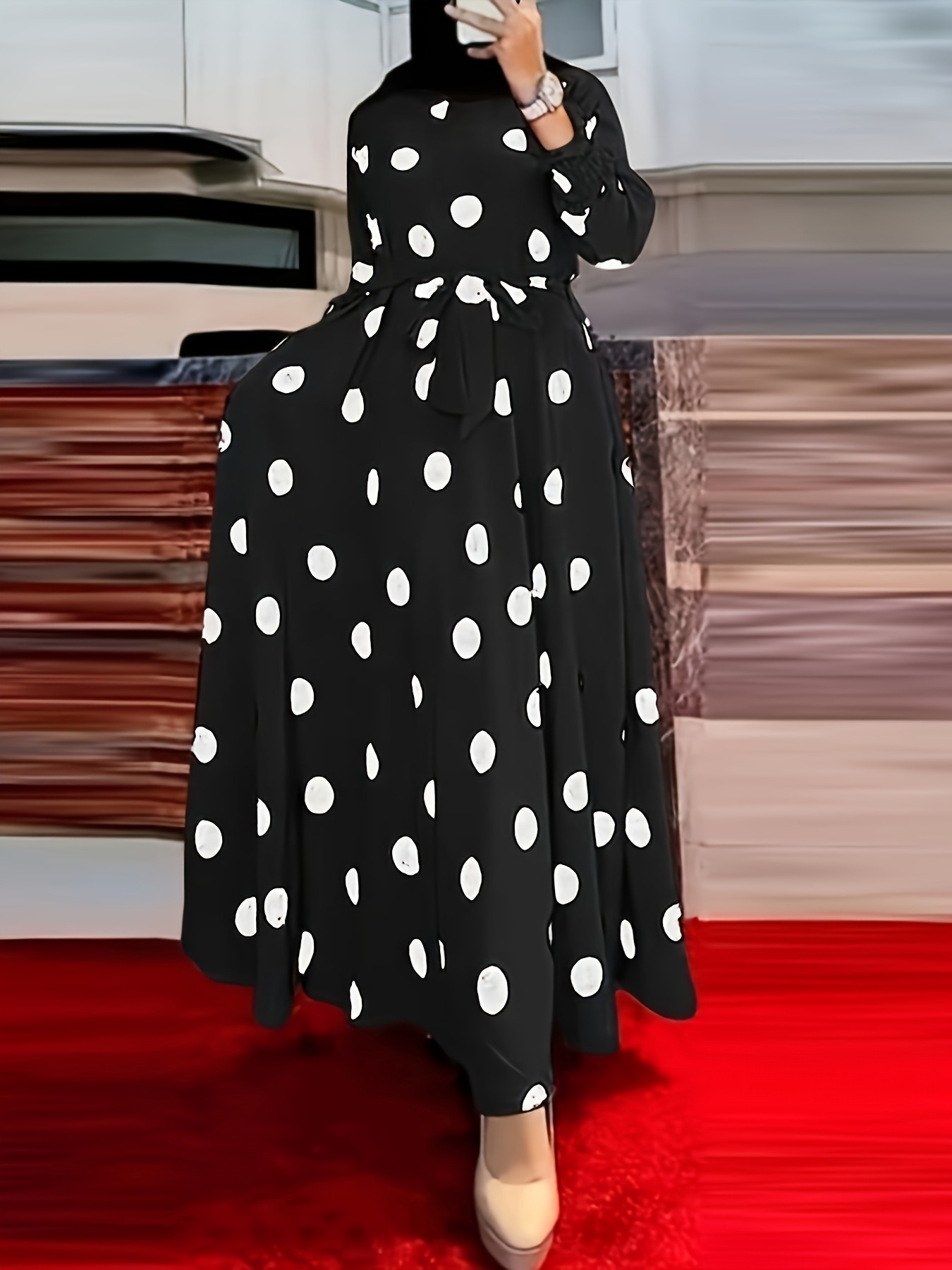 polka dot print crew neck dress elegant long sleeve belted dress womens clothing details 0