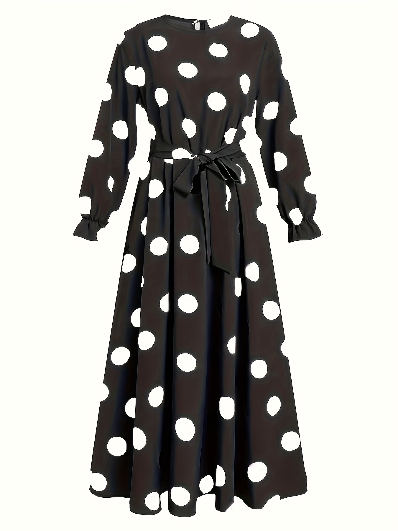 polka dot print crew neck dress elegant long sleeve belted dress womens clothing details 4