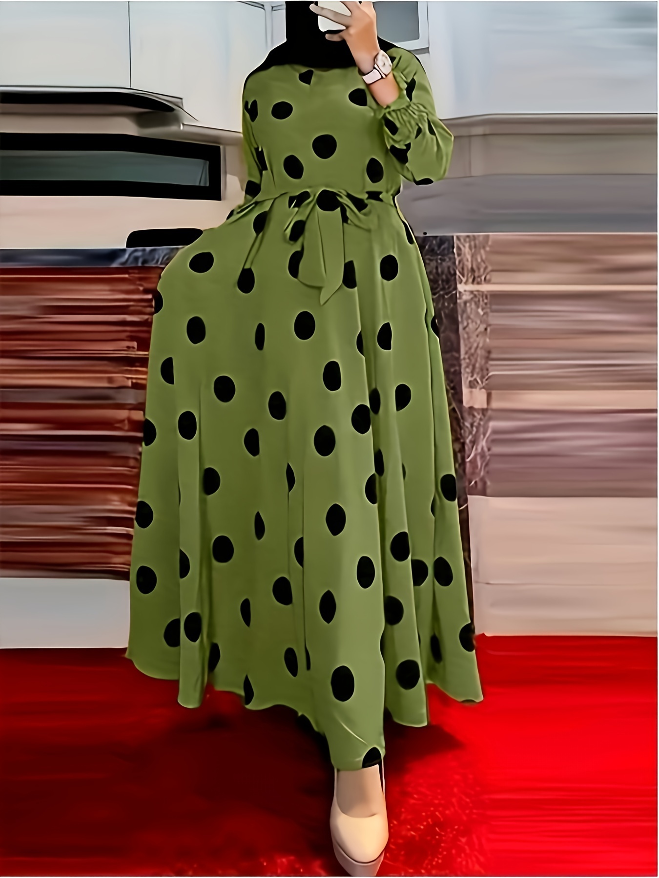 polka dot print crew neck dress elegant long sleeve belted dress womens clothing details 5