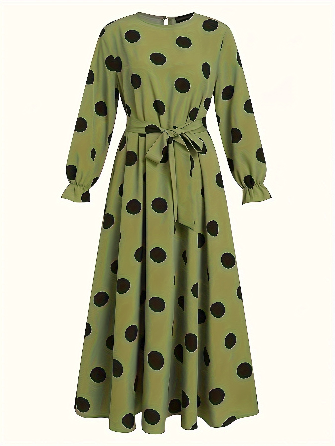 polka dot print crew neck dress elegant long sleeve belted dress womens clothing details 6