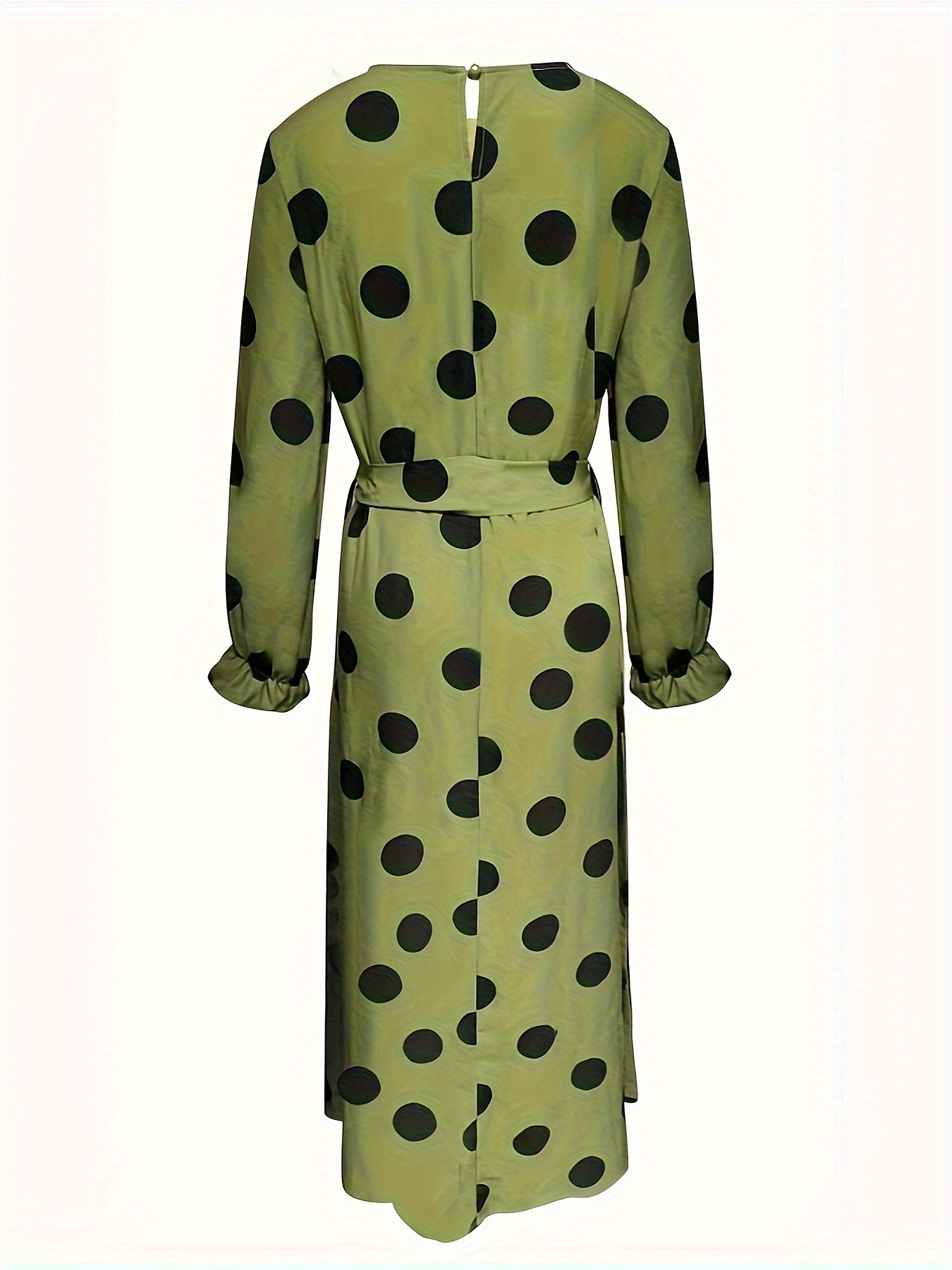polka dot print crew neck dress elegant long sleeve belted dress womens clothing details 7