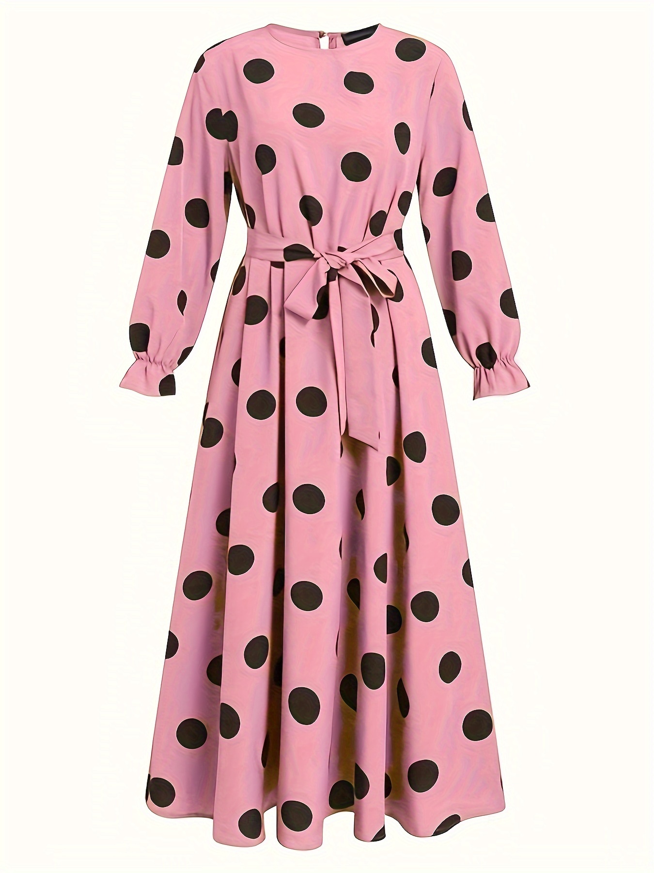 polka dot print crew neck dress elegant long sleeve belted dress womens clothing details 10