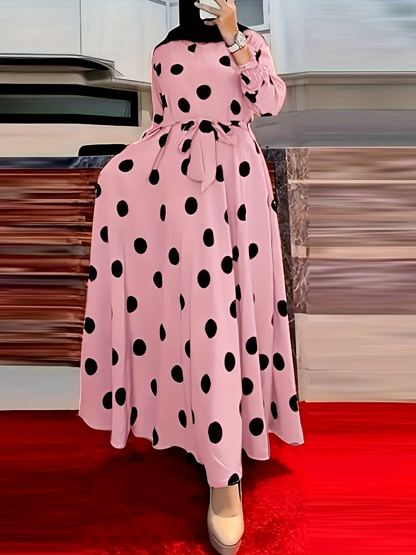 polka dot print crew neck dress elegant long sleeve belted dress womens clothing details 11