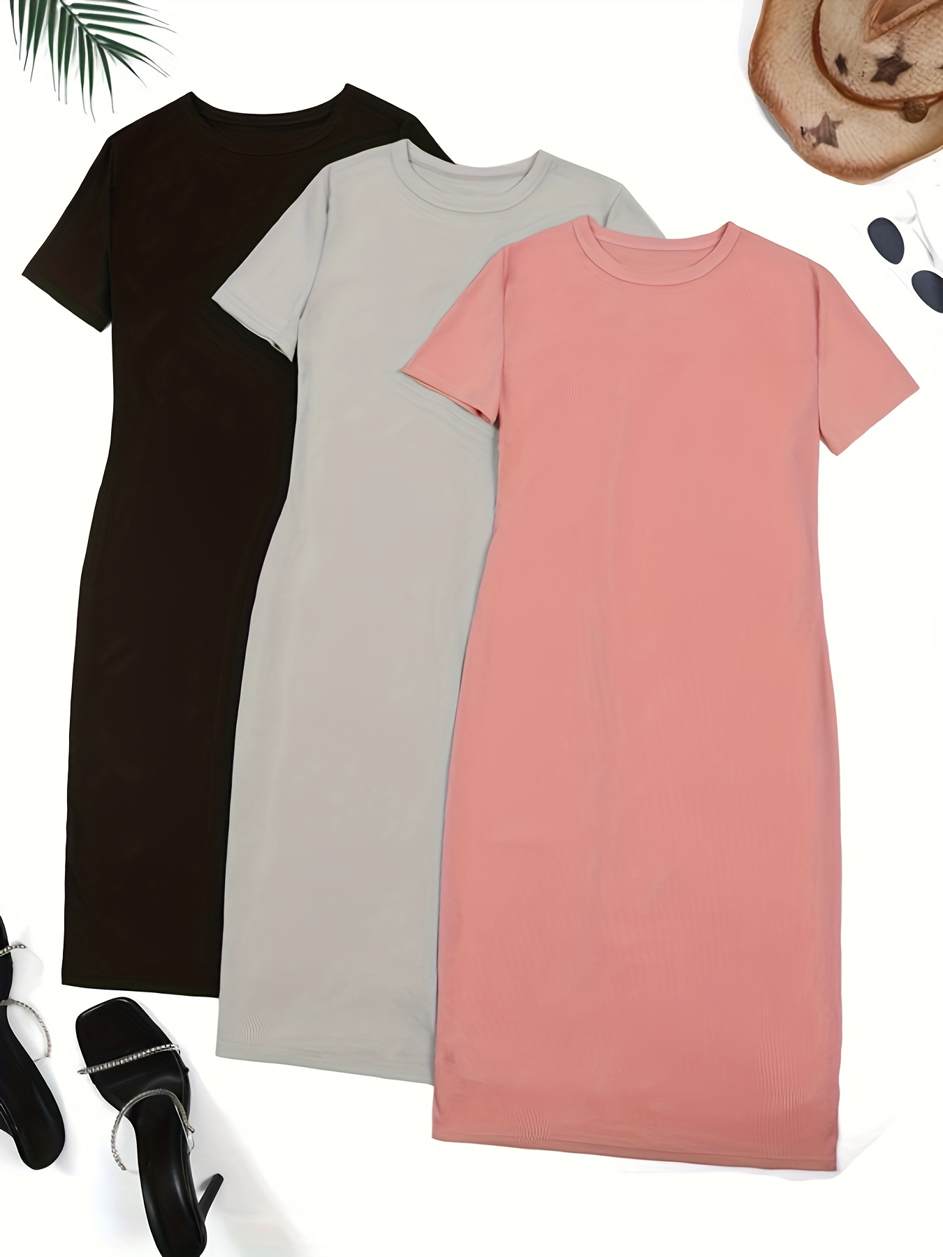 simple t shirt dress 3 pack casual crew neck short sleeve dress womens clothing details 6