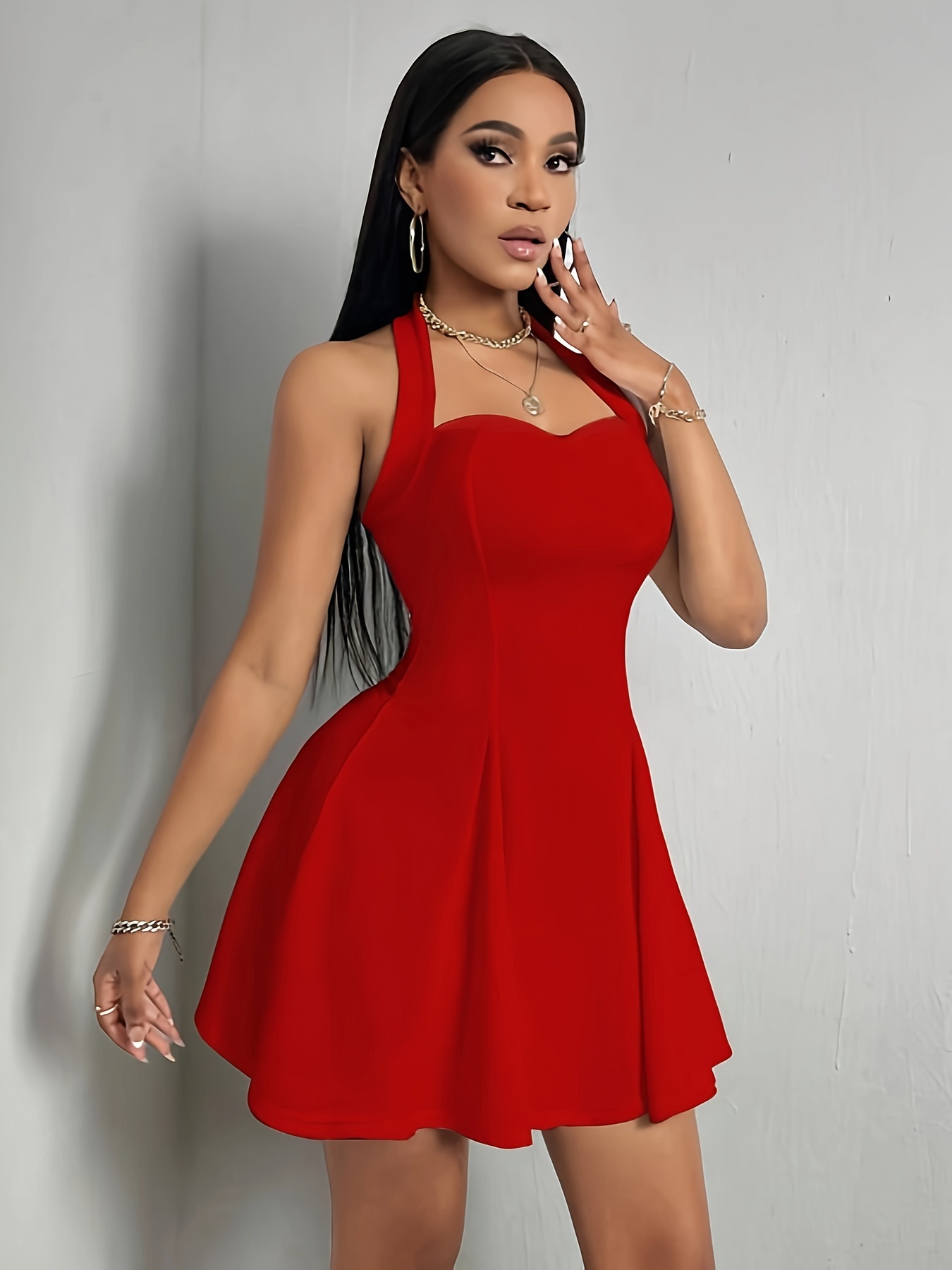 solid halter neck dress elegant sleeveless dress for party banquet womens clothing details 5
