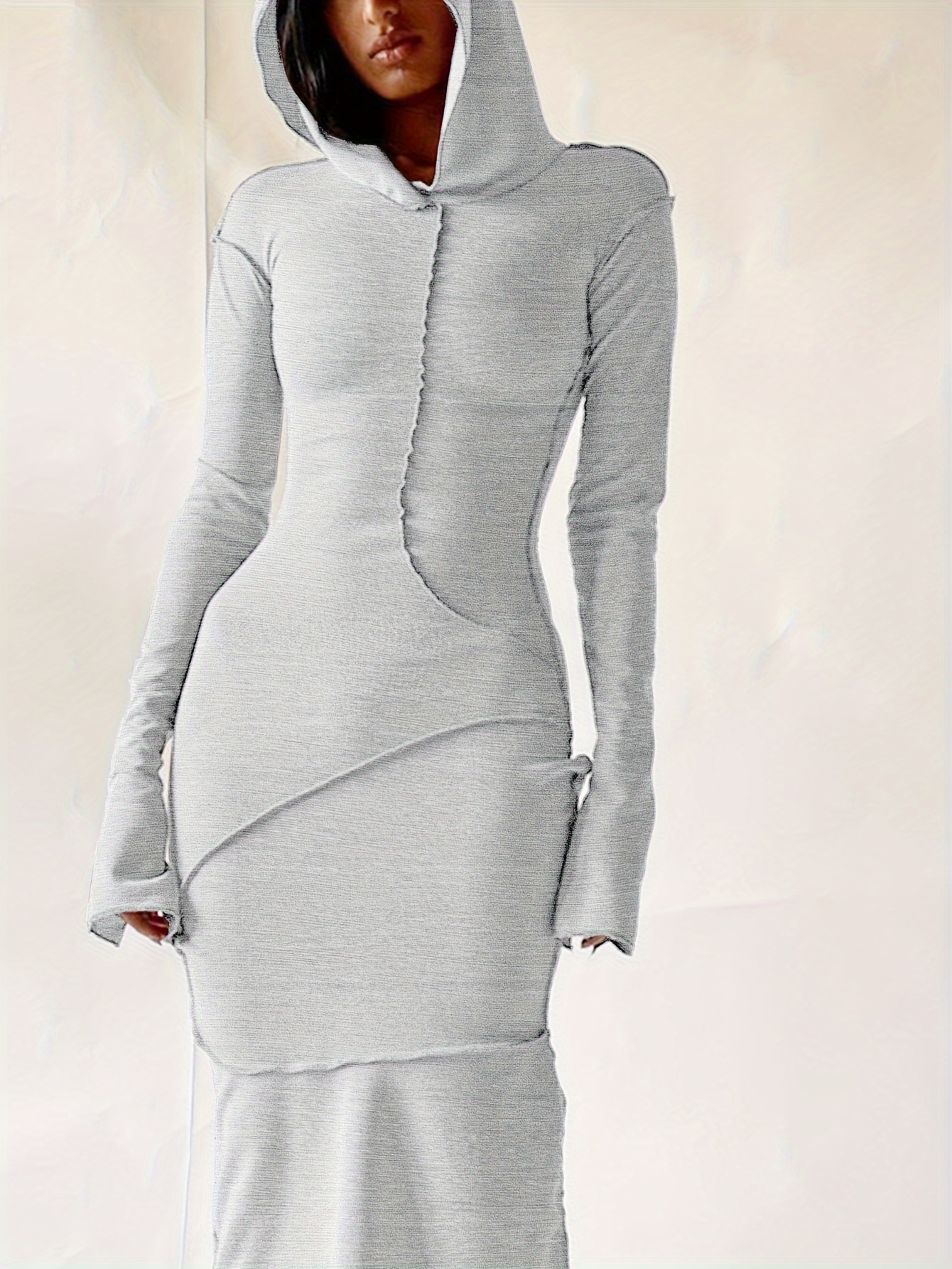 stitching hooded dress casual long sleeve maxi dress womens clothing details 0