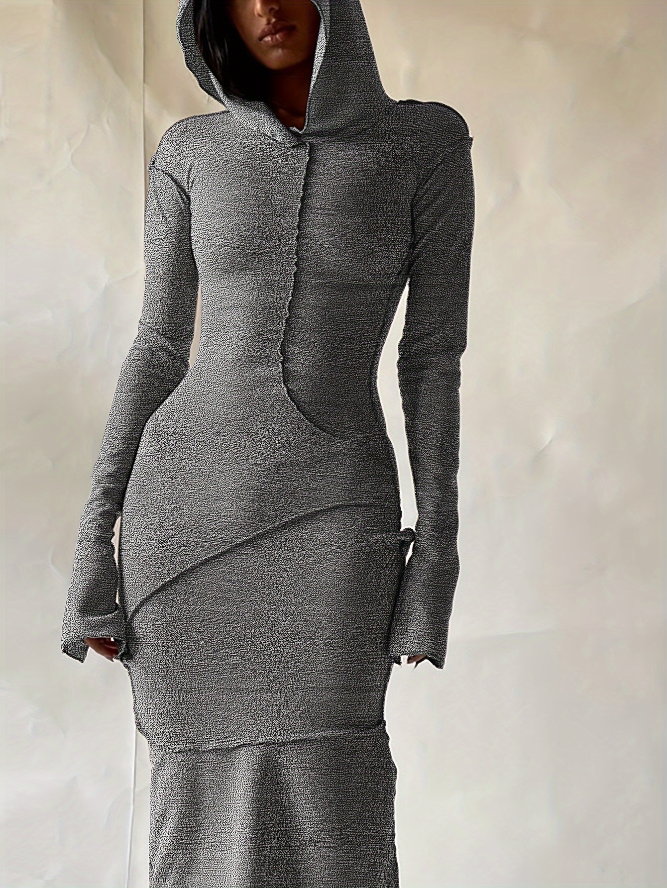 stitching hooded dress casual long sleeve maxi dress womens clothing details 15