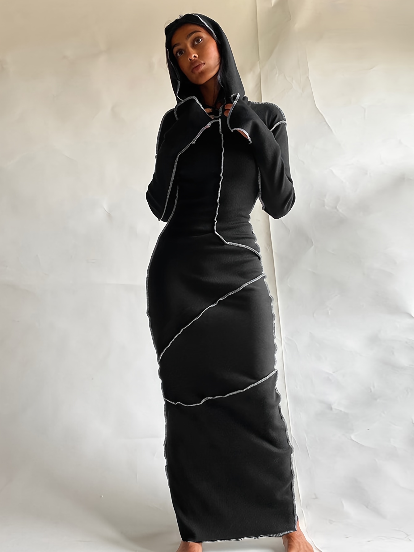 stitching hooded dress casual long sleeve maxi dress womens clothing details 45