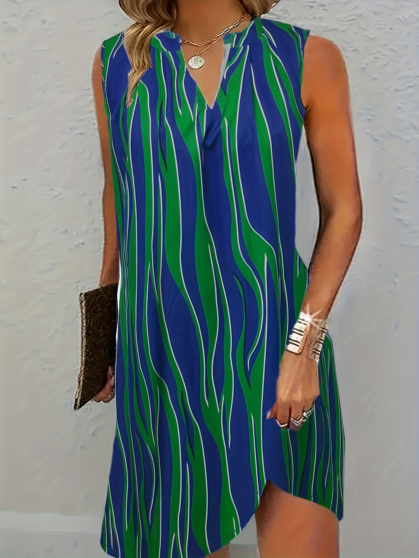 abstract ripple print dress casual v neck sleeveless dress womens clothing details 15
