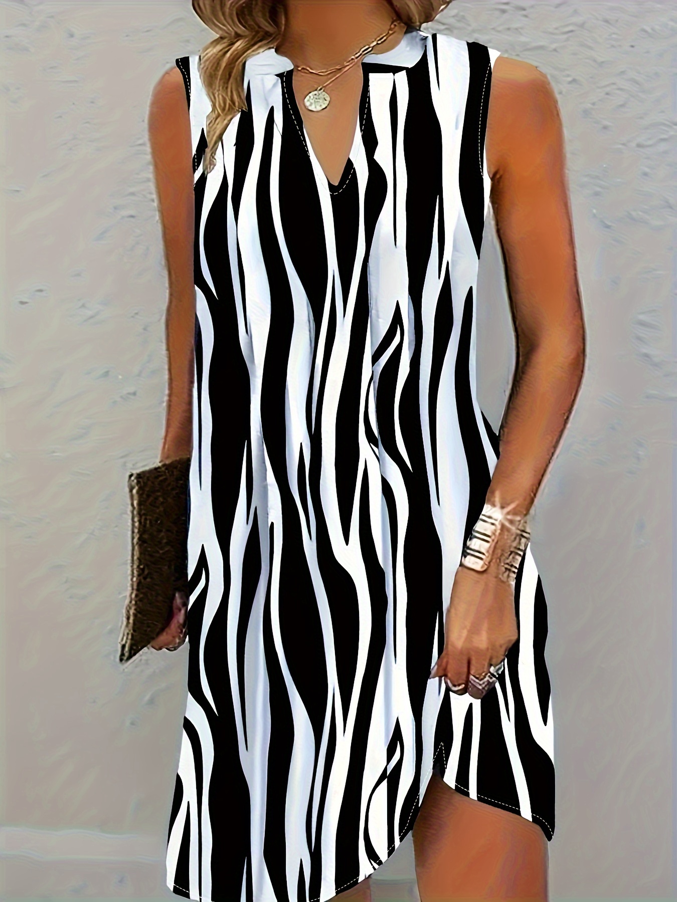 abstract ripple print dress casual v neck sleeveless dress womens clothing details 45