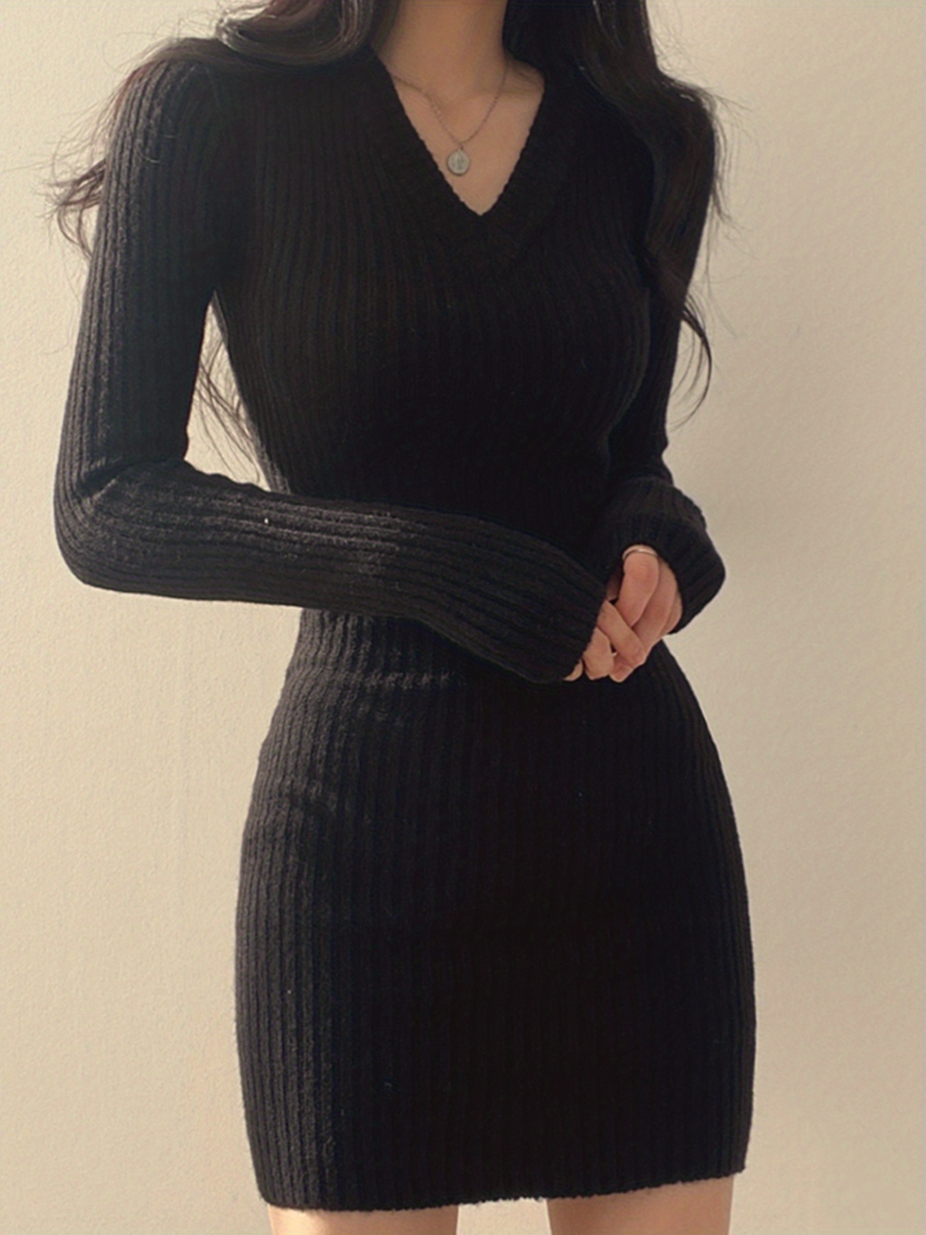 solid knit sweater dress elegant v neck long sleeve bodycon dress for fall winter womens clothing details 7