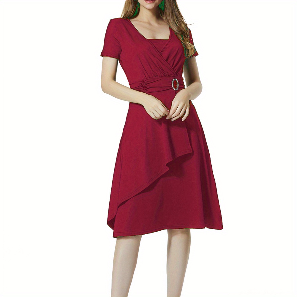 solid surplice neck dress elegant short sleeve knee length dress womens clothing details 0