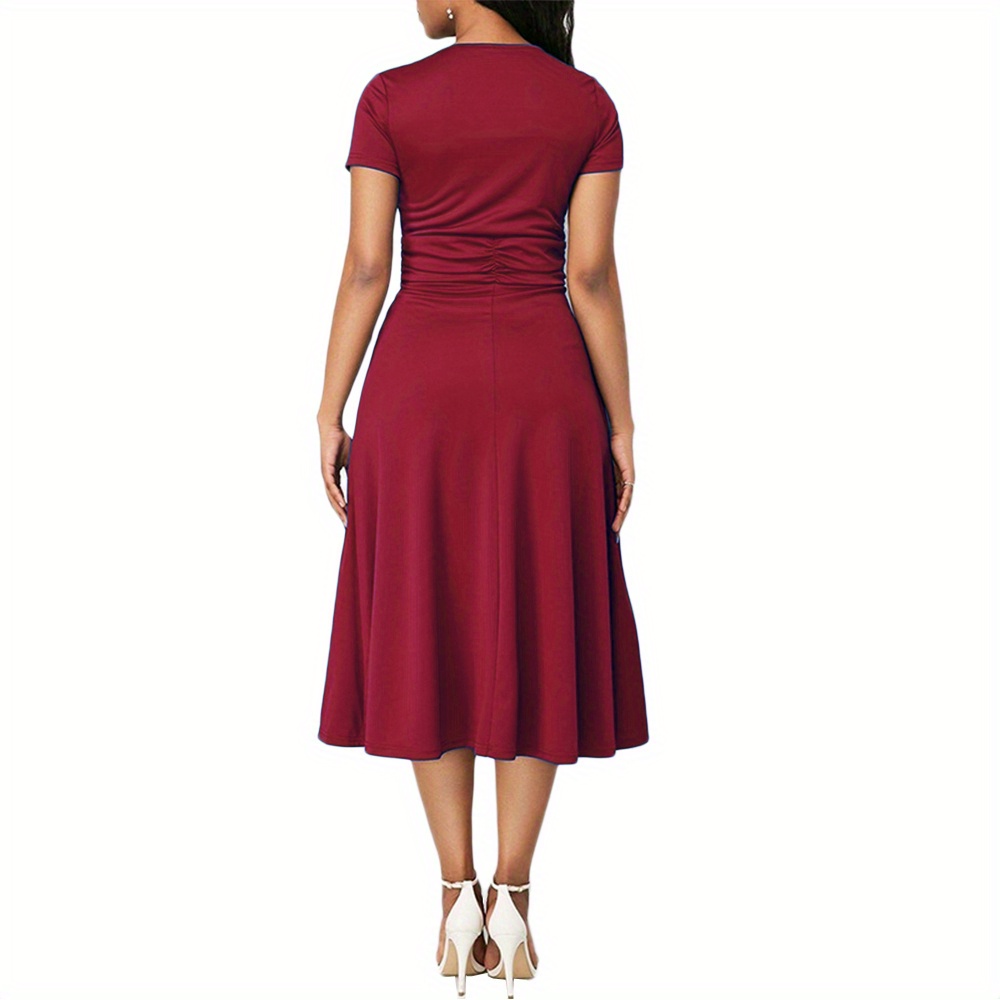 solid surplice neck dress elegant short sleeve knee length dress womens clothing details 1