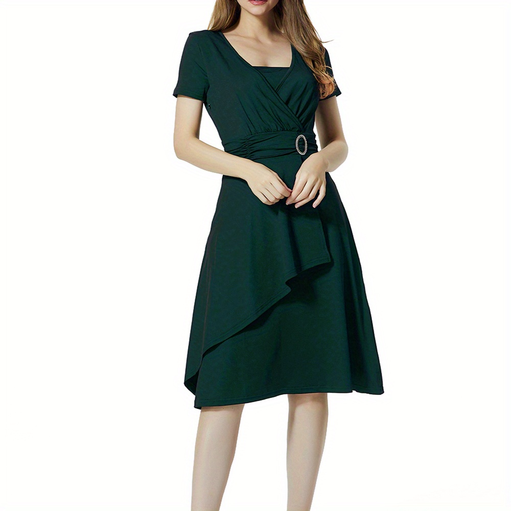 solid surplice neck dress elegant short sleeve knee length dress womens clothing details 2