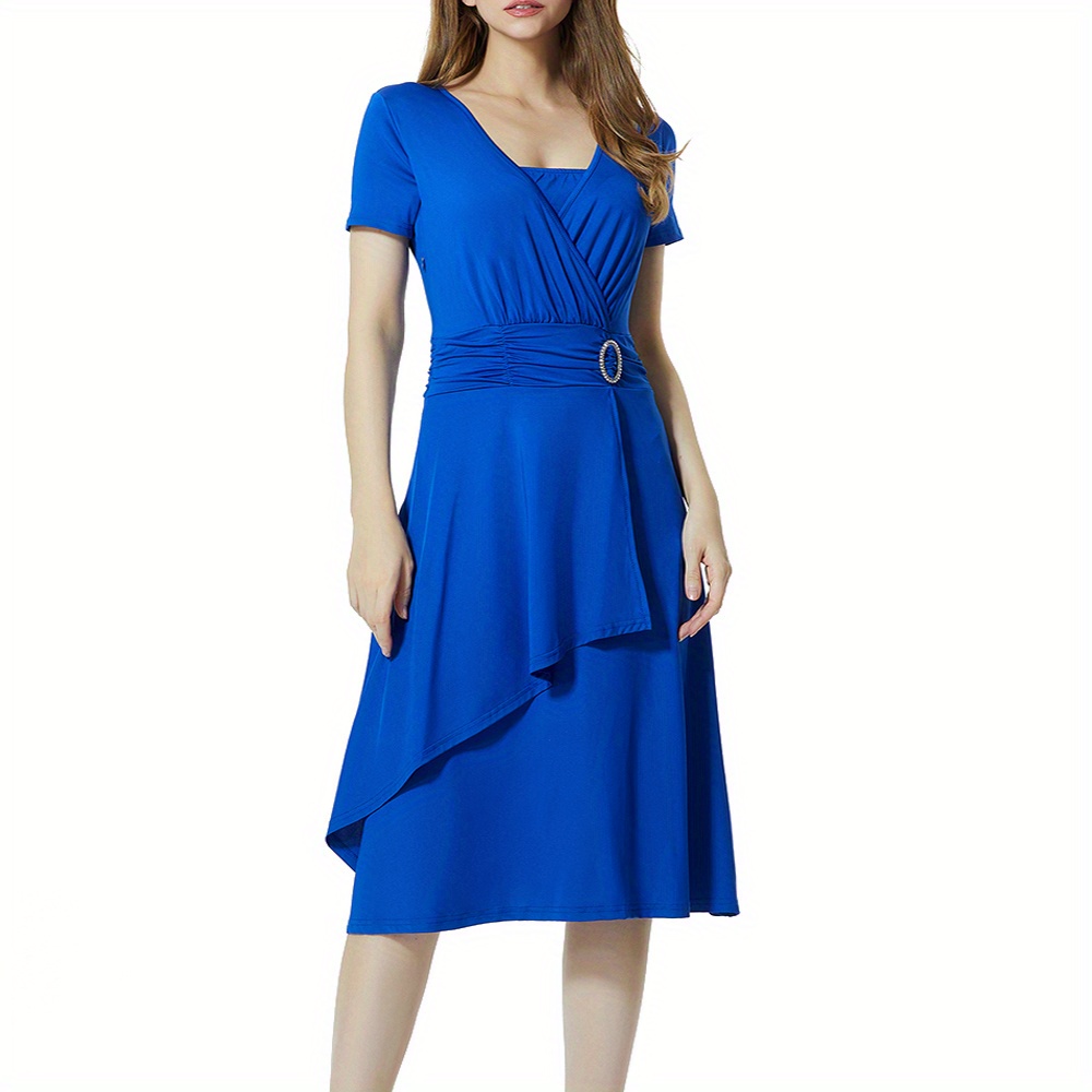 solid surplice neck dress elegant short sleeve knee length dress womens clothing details 4