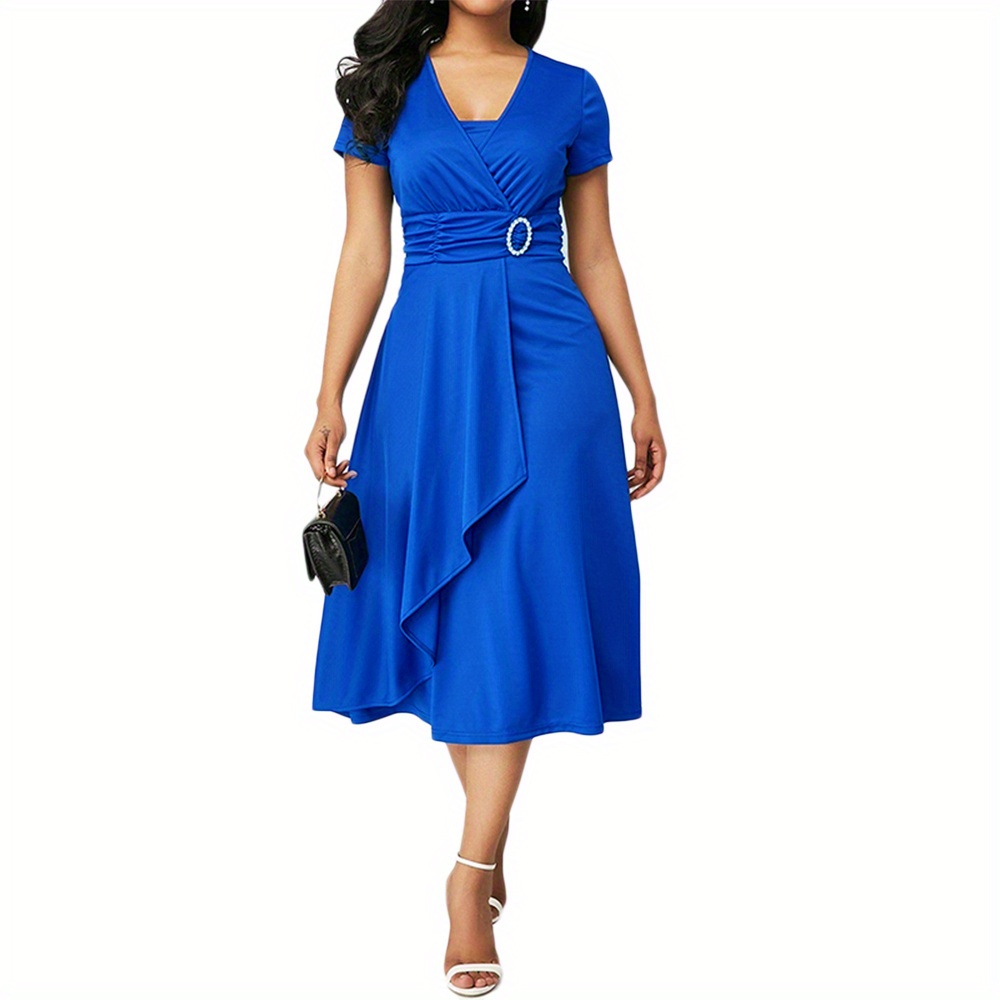 solid surplice neck dress elegant short sleeve knee length dress womens clothing details 5