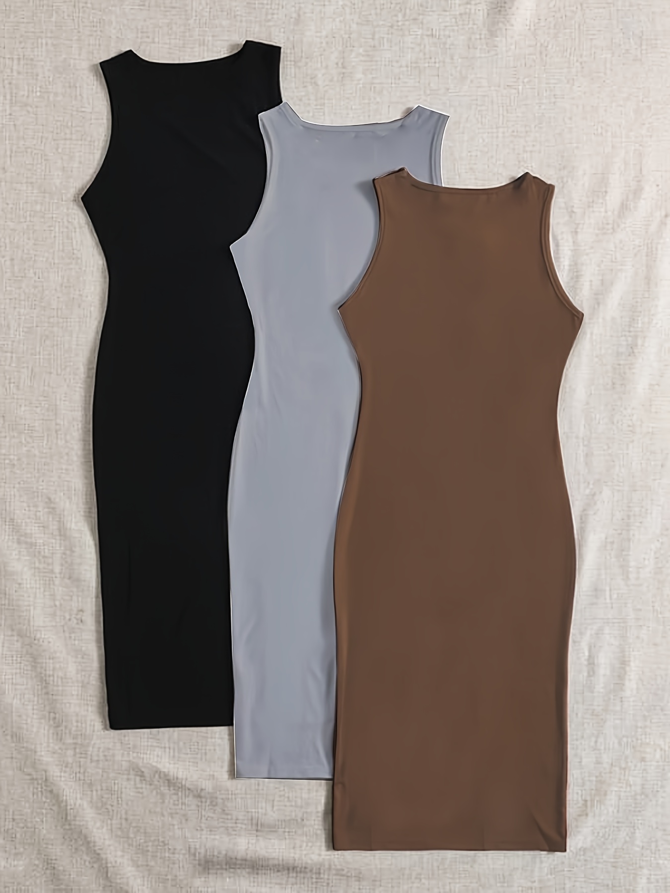 solid bodycon tank dress 3 pack casual crew neck sleeveless dress womens clothing details 0