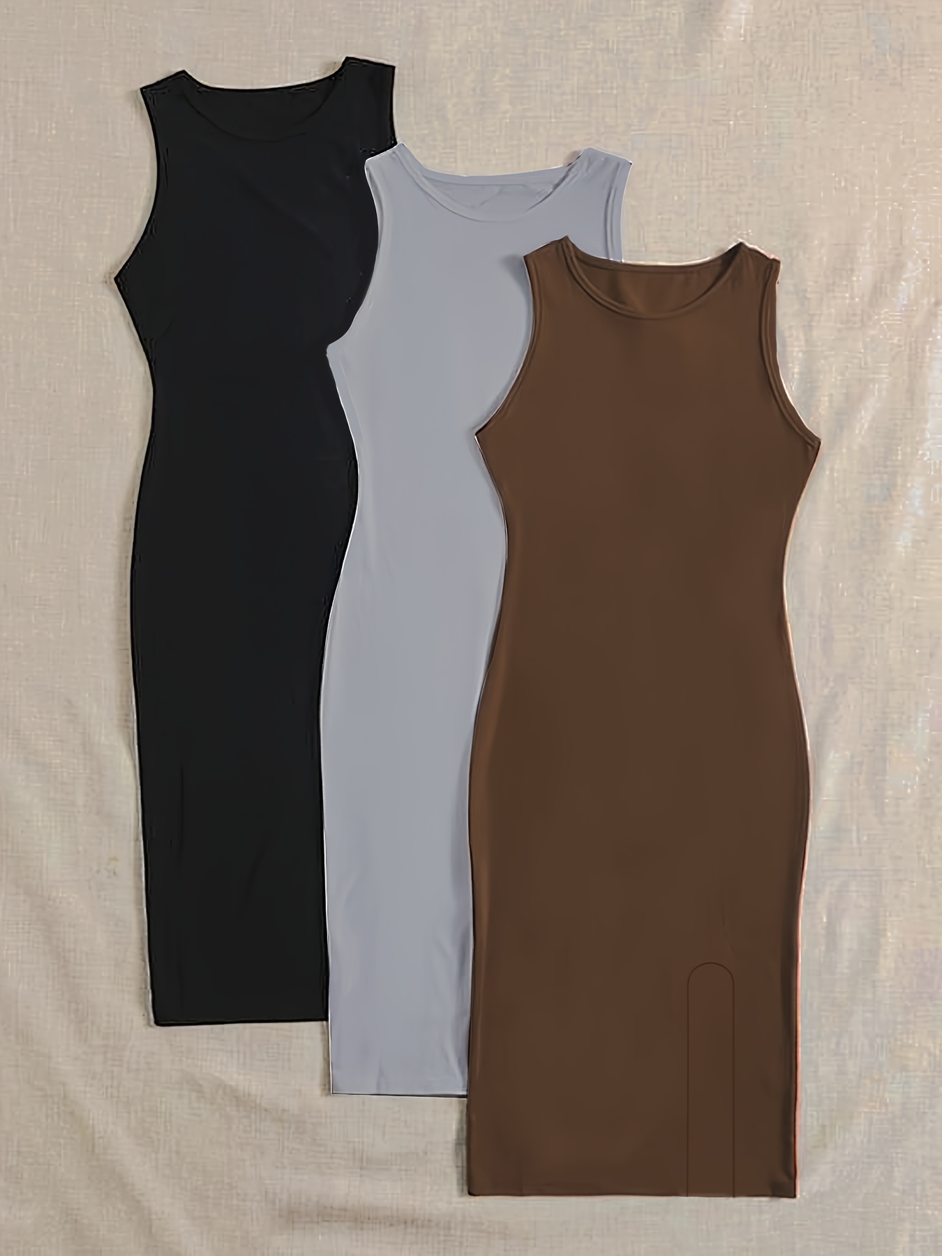 solid bodycon tank dress 3 pack casual crew neck sleeveless dress womens clothing details 3