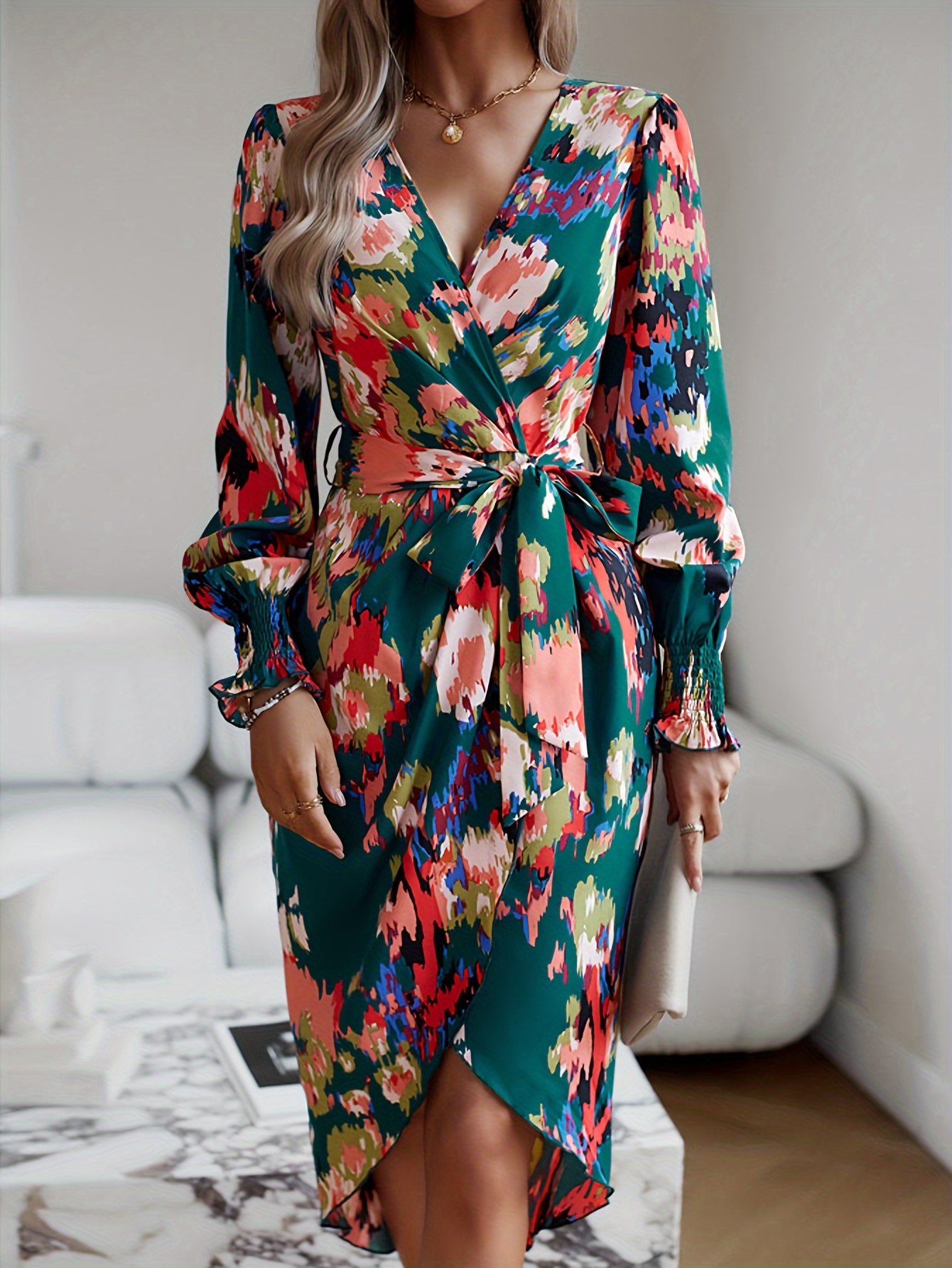 allover print wrap dress elegant v neck long sleeve dress womens clothing details 2