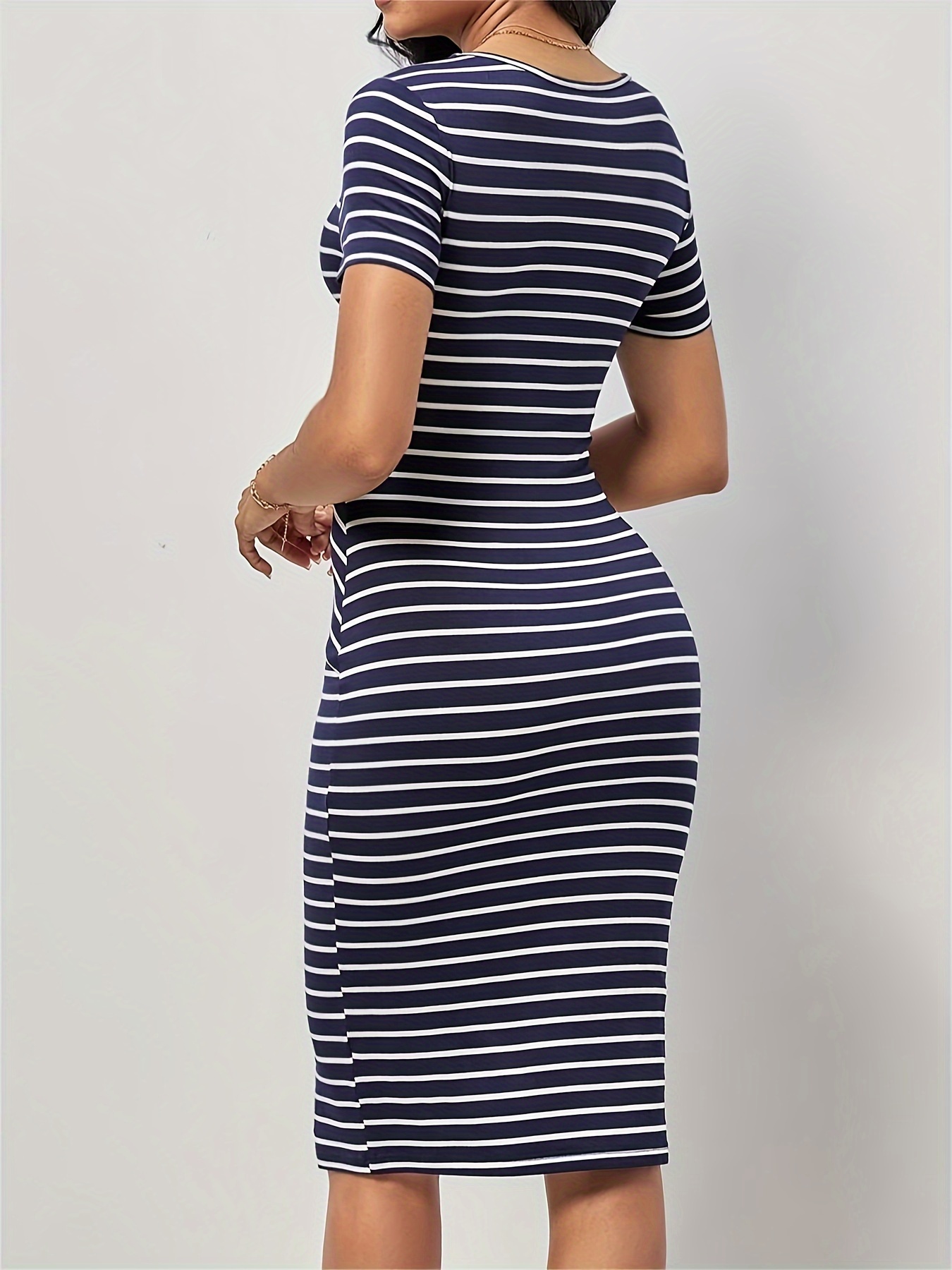 stripe print short sleeve fit dress casual crew neck knee length dress womens clothing details 2