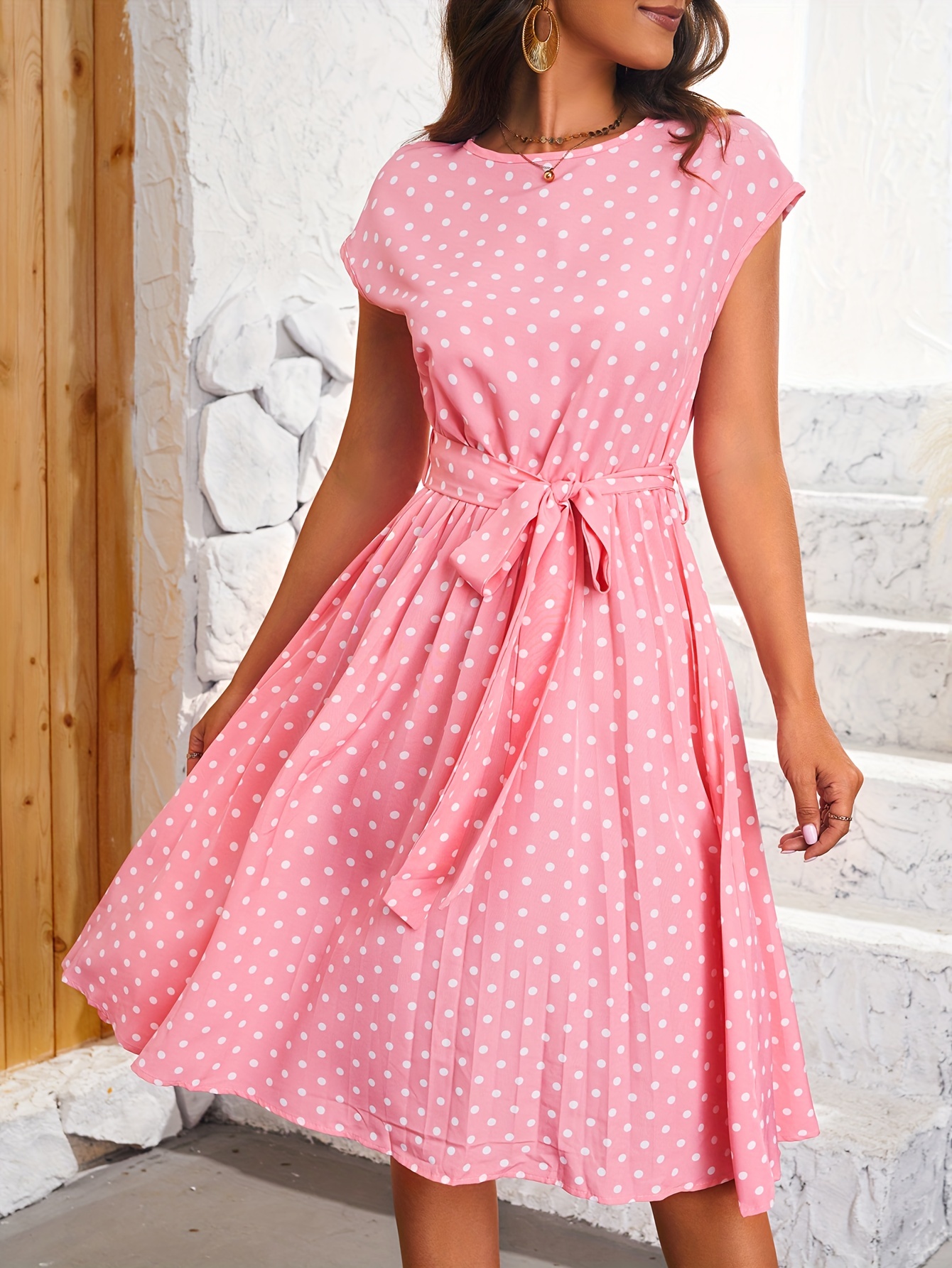 polka dot pleated dress short sleeve casual dress for spring summer womens clothing details 0