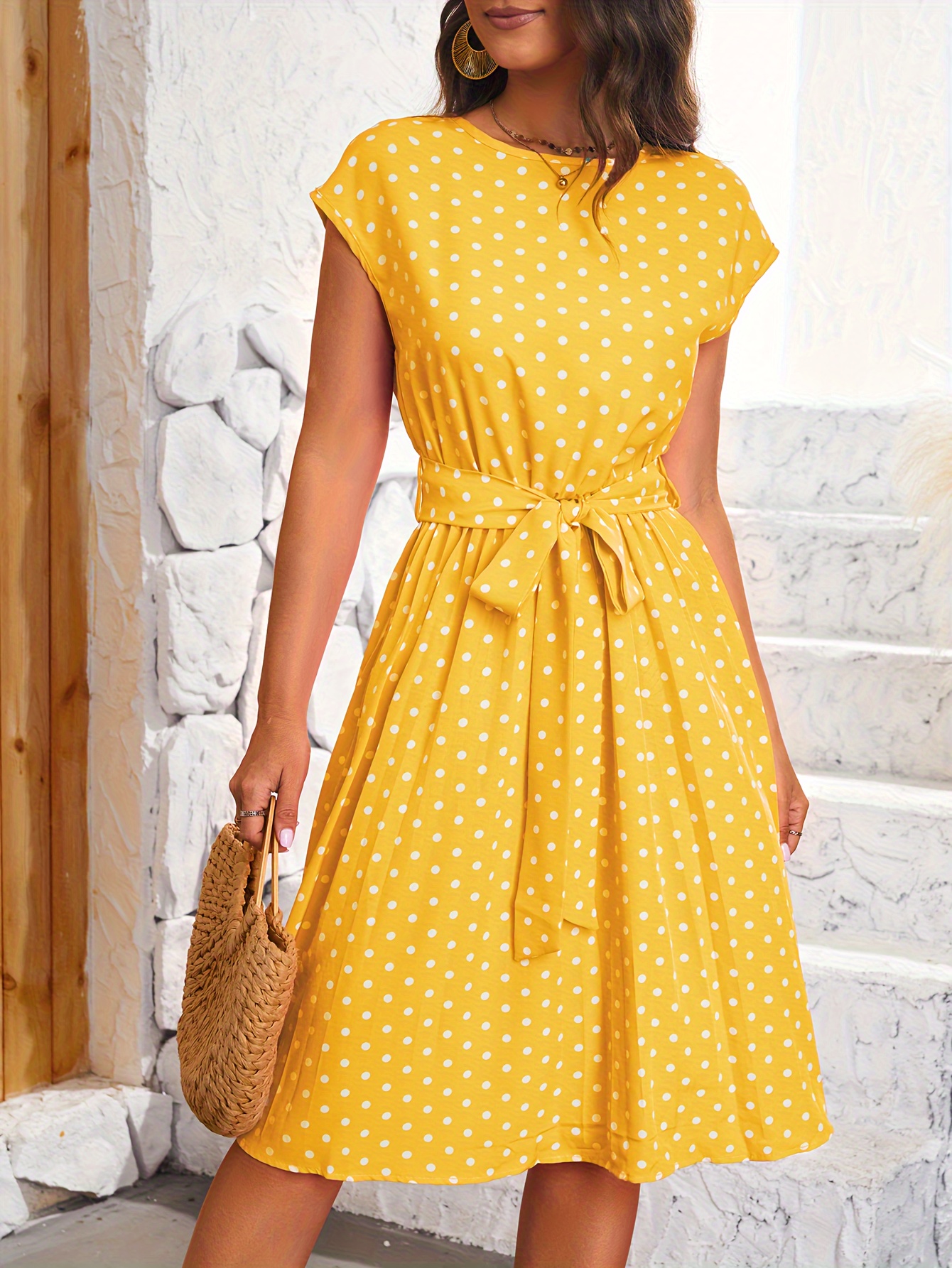 polka dot pleated dress short sleeve casual dress for spring summer womens clothing details 4