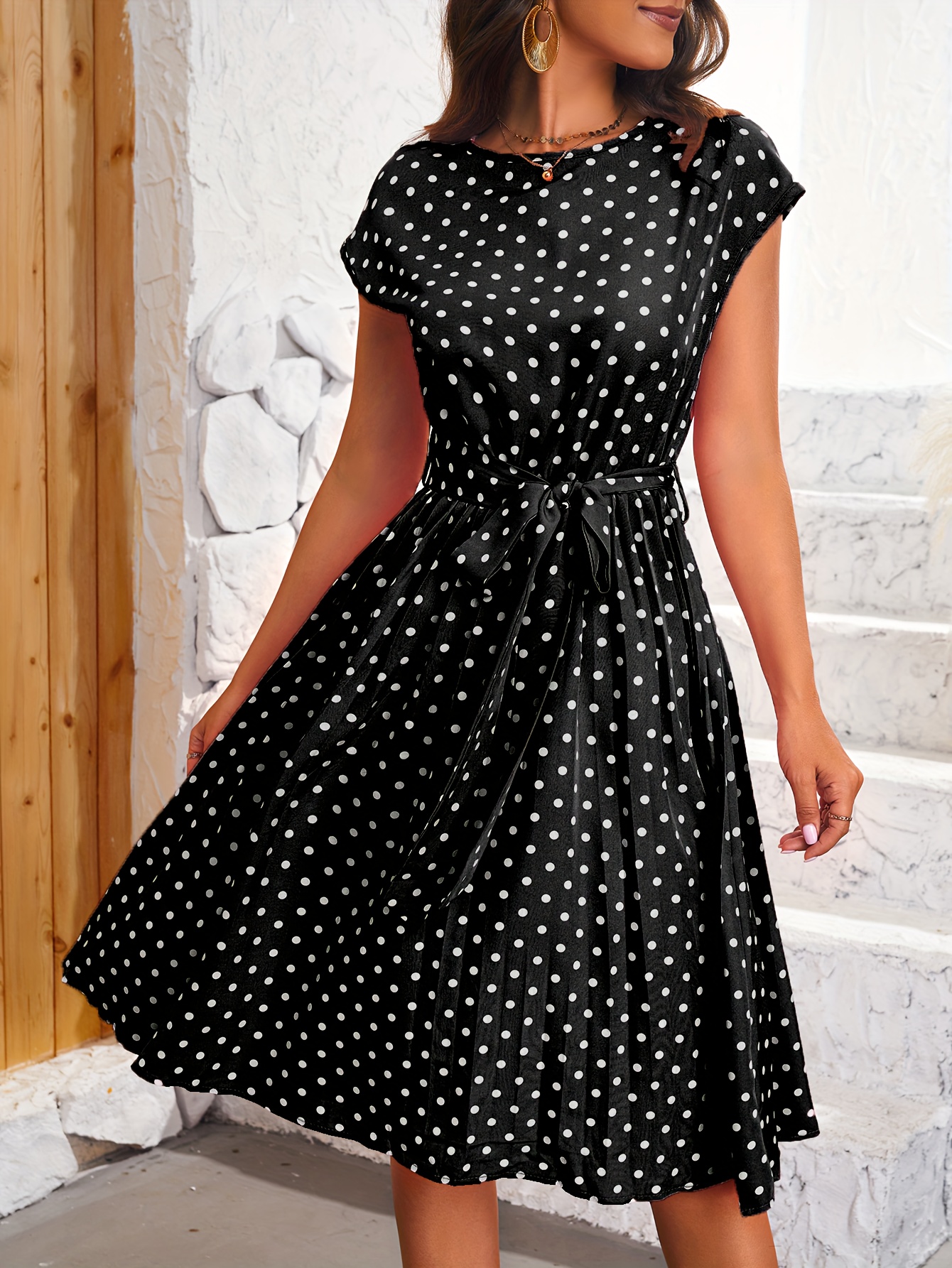 polka dot pleated dress short sleeve casual dress for spring summer womens clothing details 5