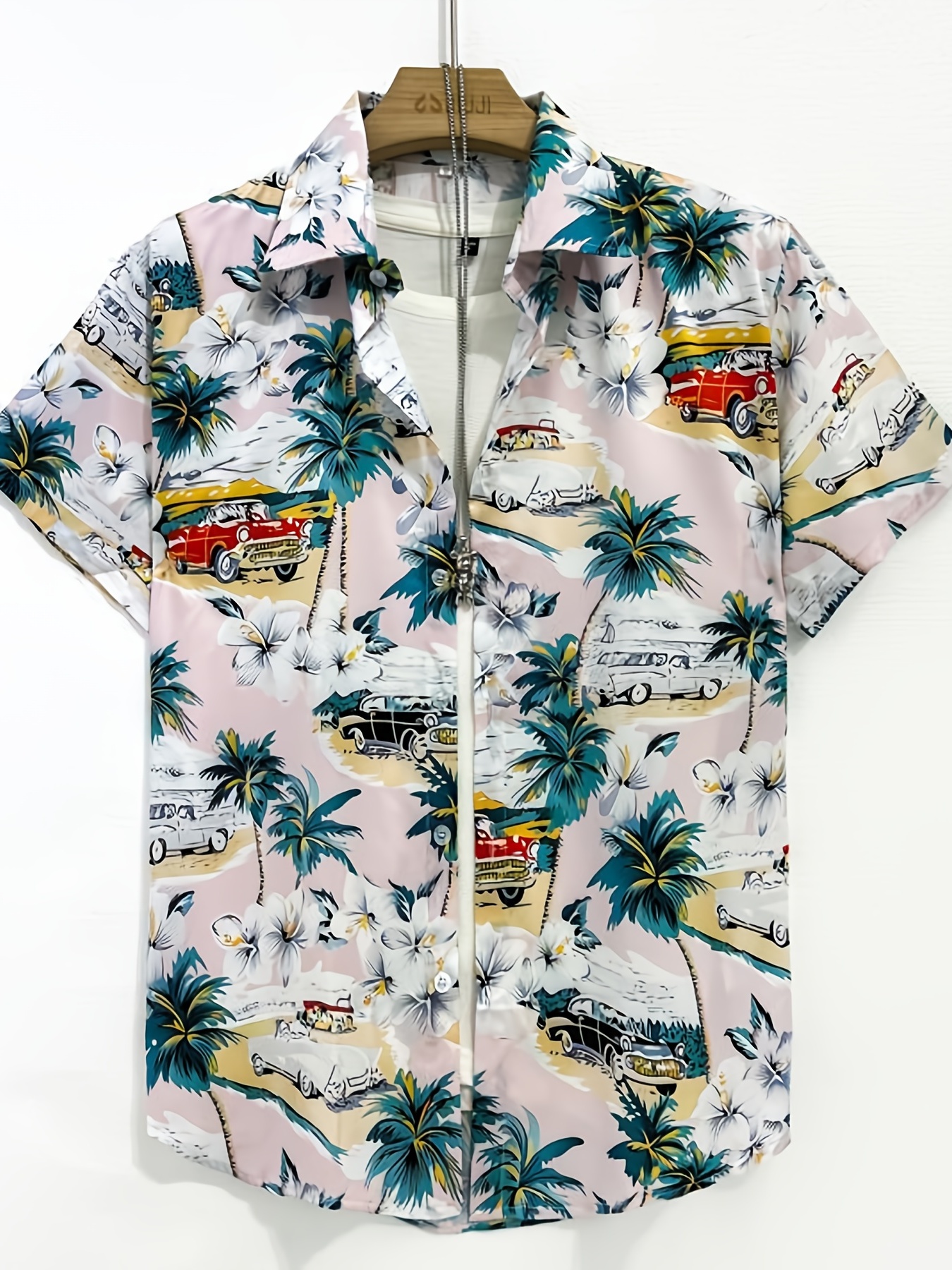 coconut tree vintage car print mens casual short sleeve shirt mens shirt for summer vacation resort details 0