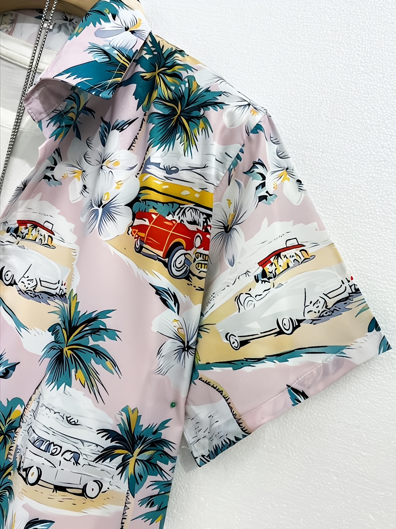 coconut tree vintage car print mens casual short sleeve shirt mens shirt for summer vacation resort details 3
