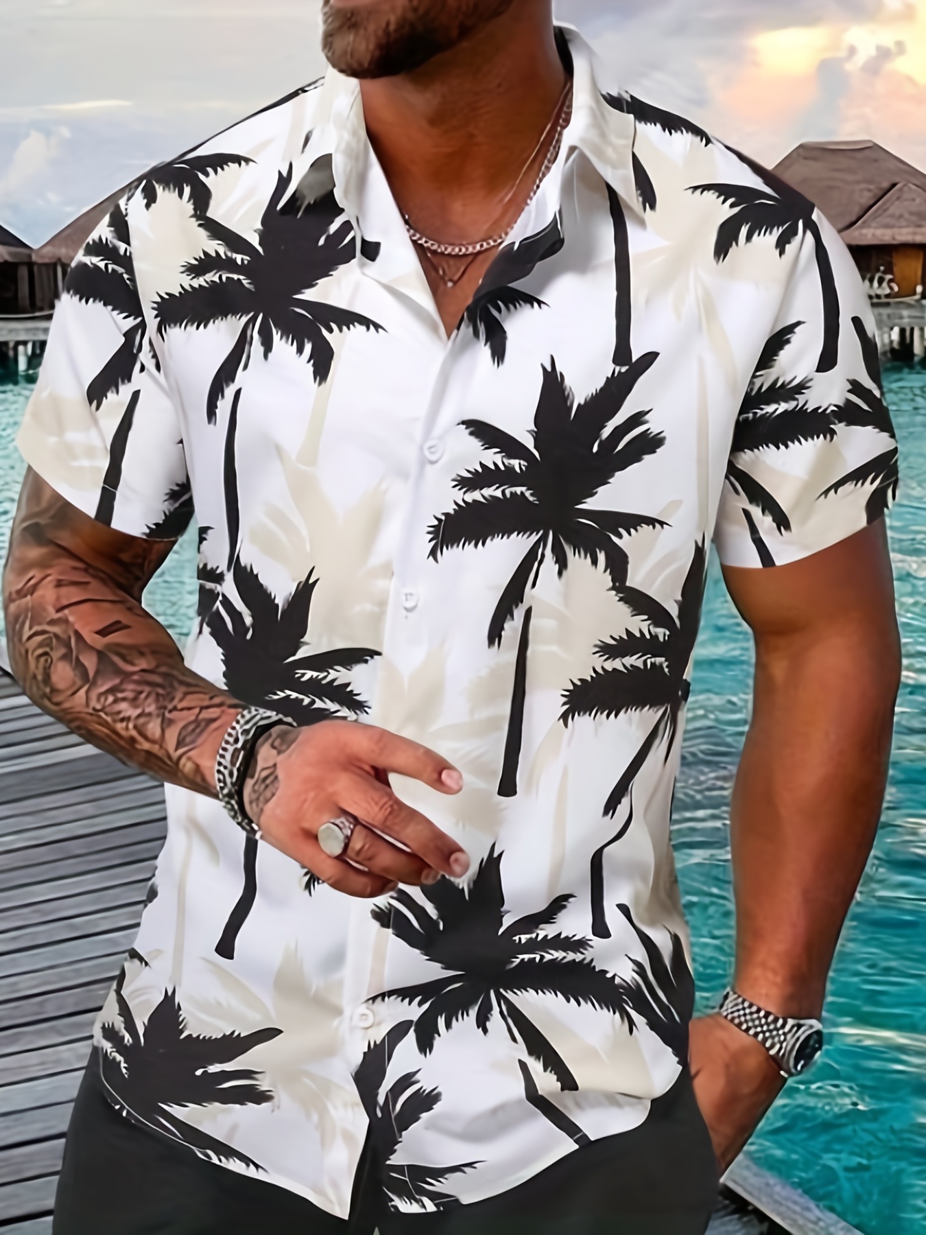 coconut tree vintage car print mens casual short sleeve shirt mens shirt for summer vacation resort details 6