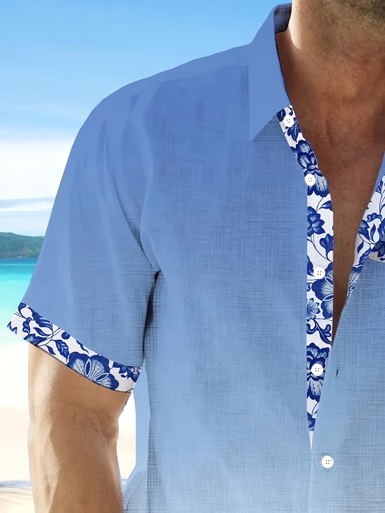 porcelain floral pattern design mens stylish short sleeve lapel shirt with chest pocket summer holiday top details 2