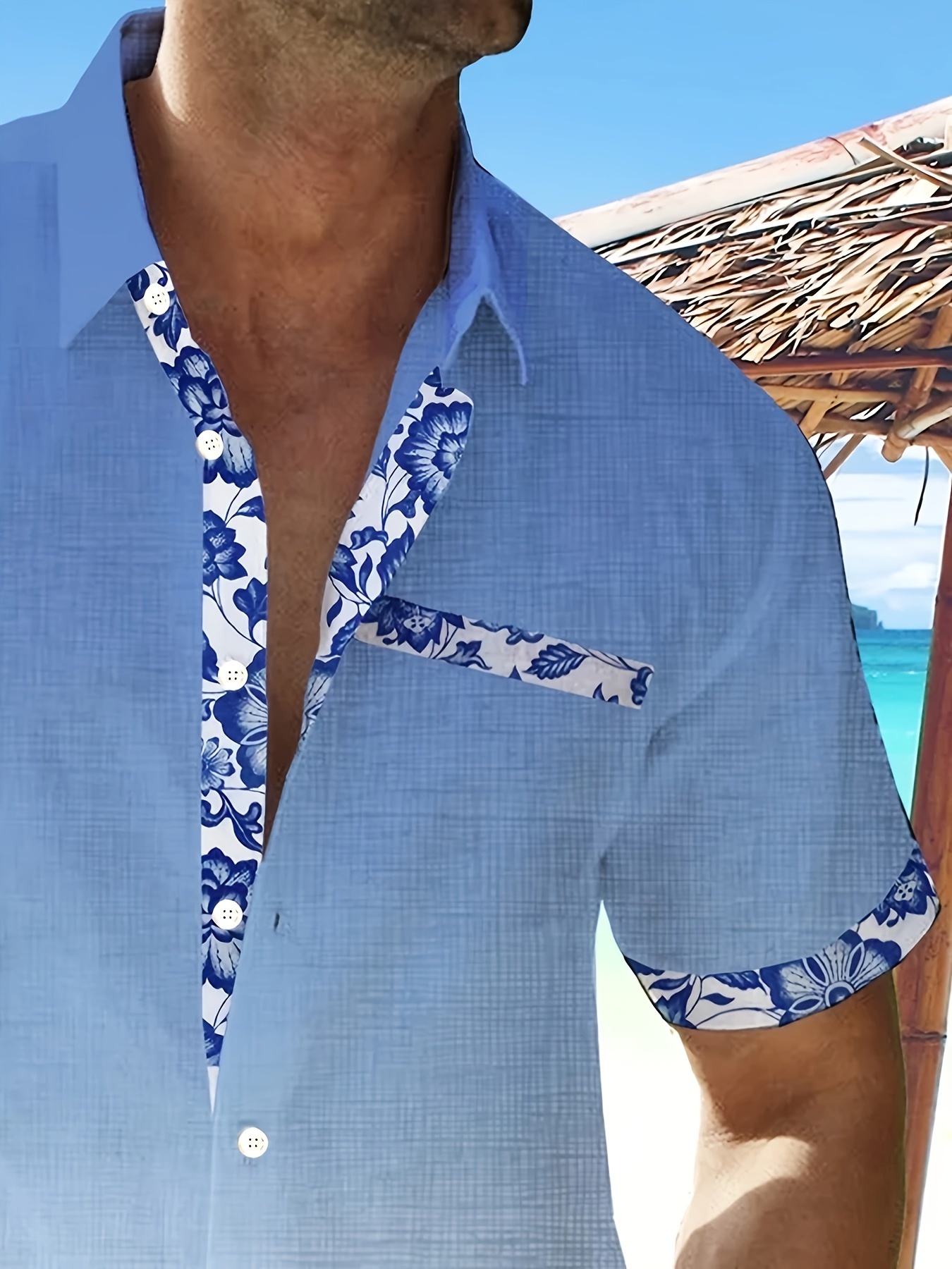 porcelain floral pattern design mens stylish short sleeve lapel shirt with chest pocket summer holiday top details 3
