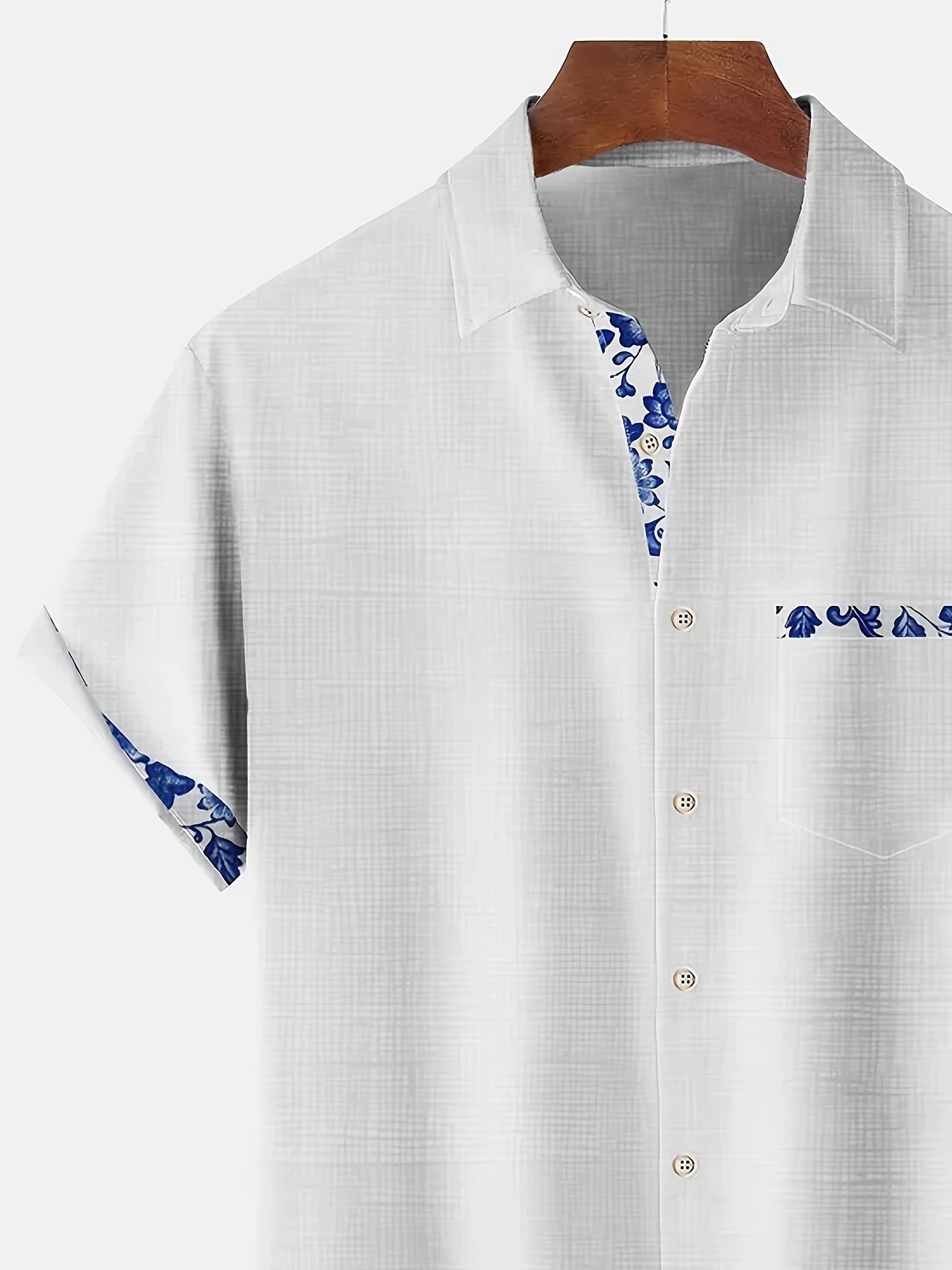 porcelain floral pattern design mens stylish short sleeve lapel shirt with chest pocket summer holiday top details 7