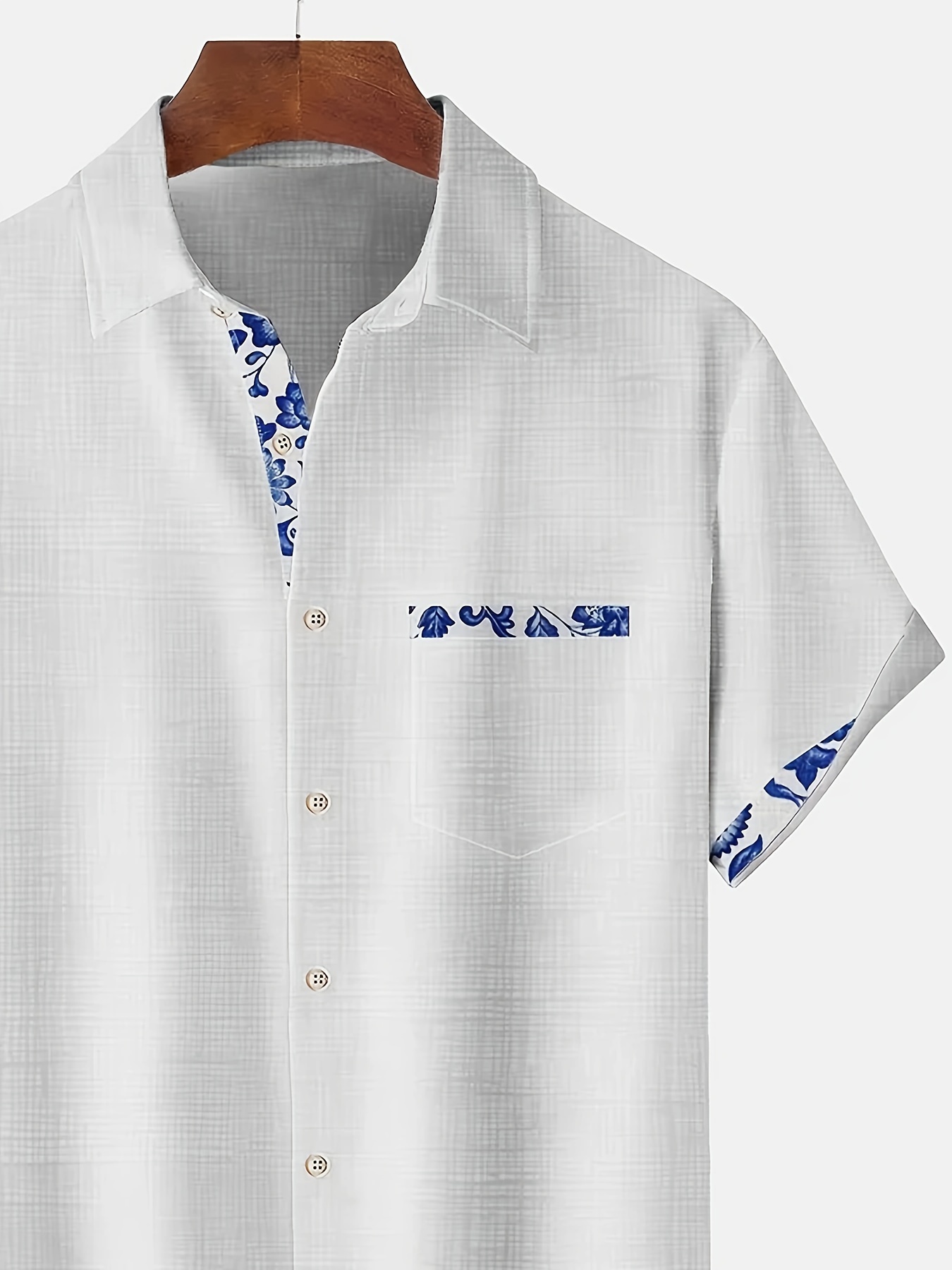 porcelain floral pattern design mens stylish short sleeve lapel shirt with chest pocket summer holiday top details 10