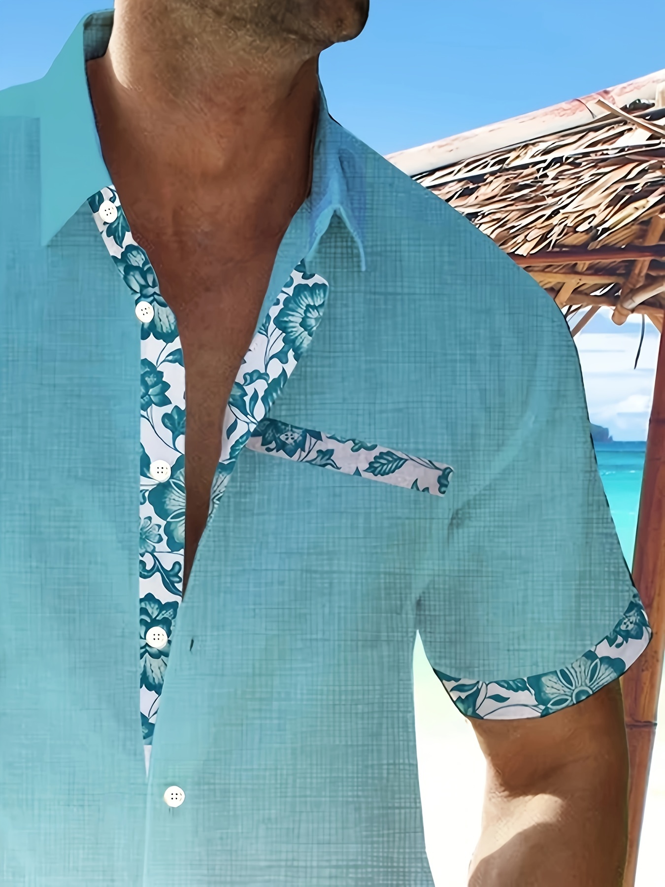 porcelain floral pattern design mens stylish short sleeve lapel shirt with chest pocket summer holiday top details 14