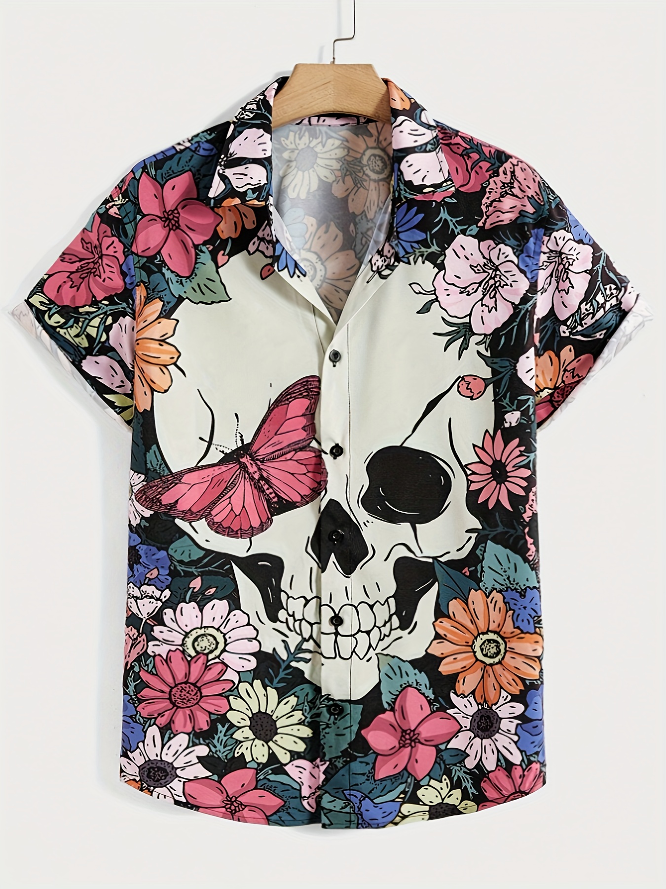 mens stylish loose skull pattern shirt casual breathable lapel button up short sleeve shirt top for city walk street hanging outdoor activities details 1