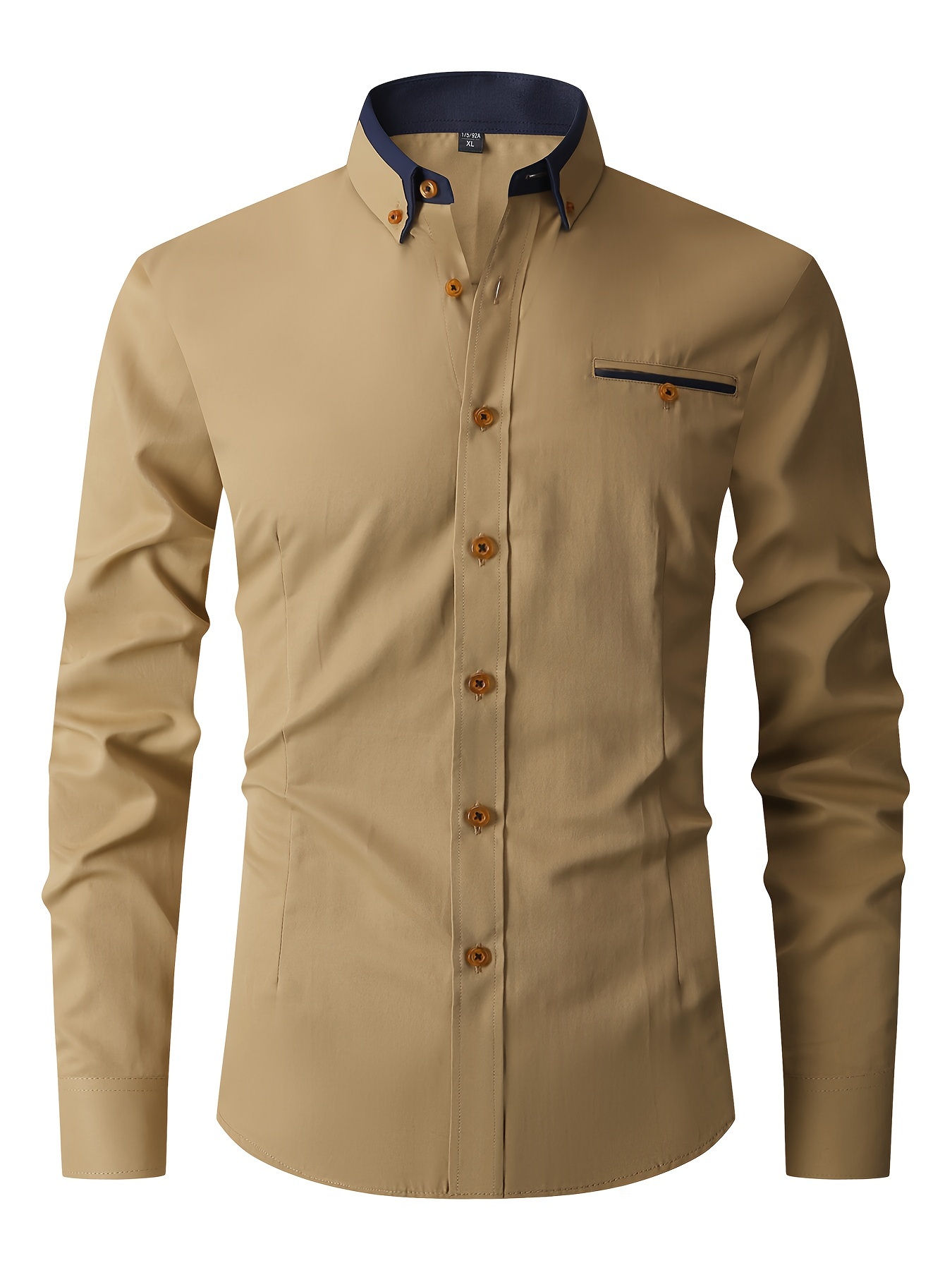 elegant color block mens slim fit long sleeve button up shirt with fake chest pocket spring fall mens formal dress shirt details 0
