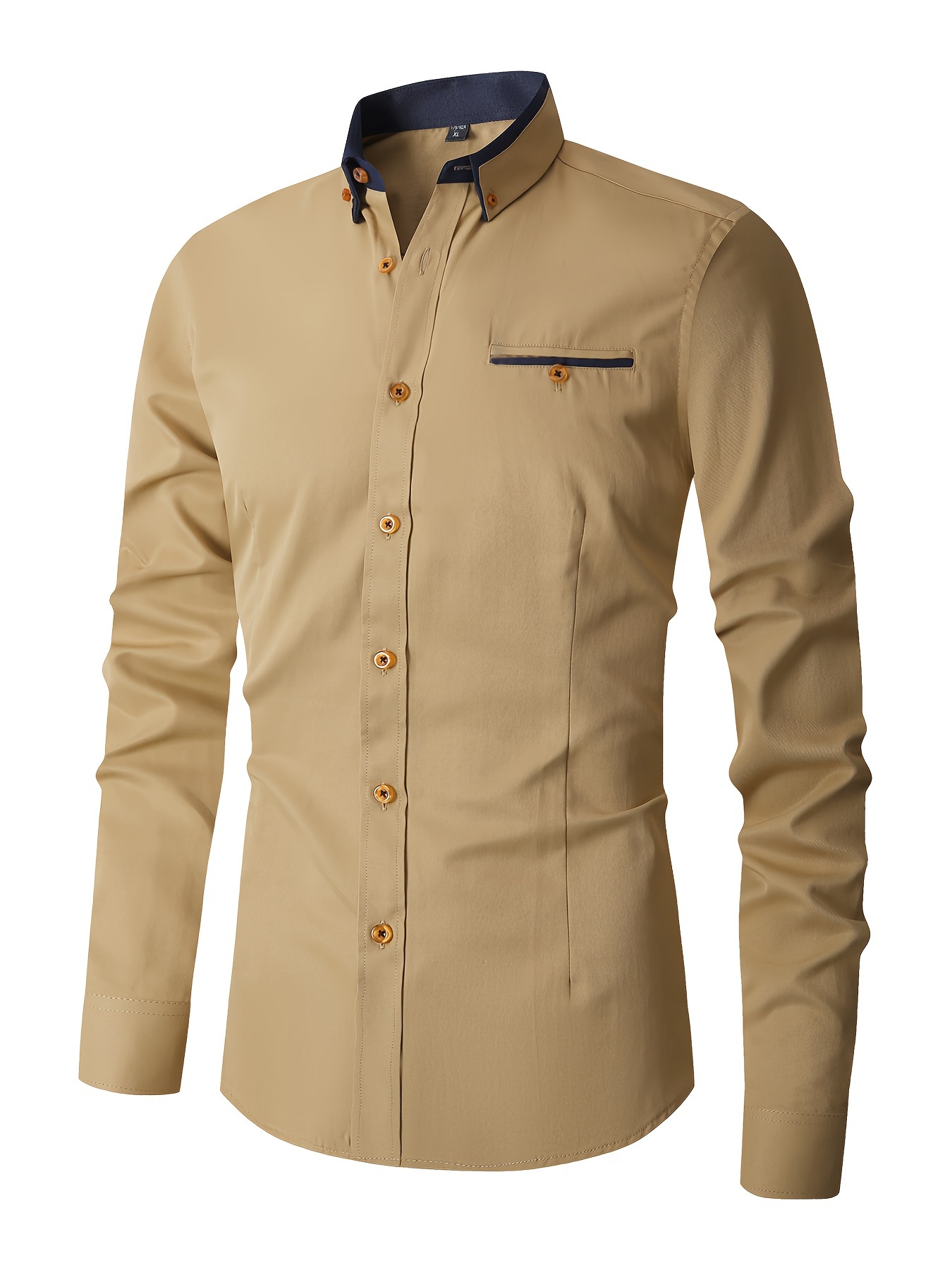 elegant color block mens slim fit long sleeve button up shirt with fake chest pocket spring fall mens formal dress shirt details 2
