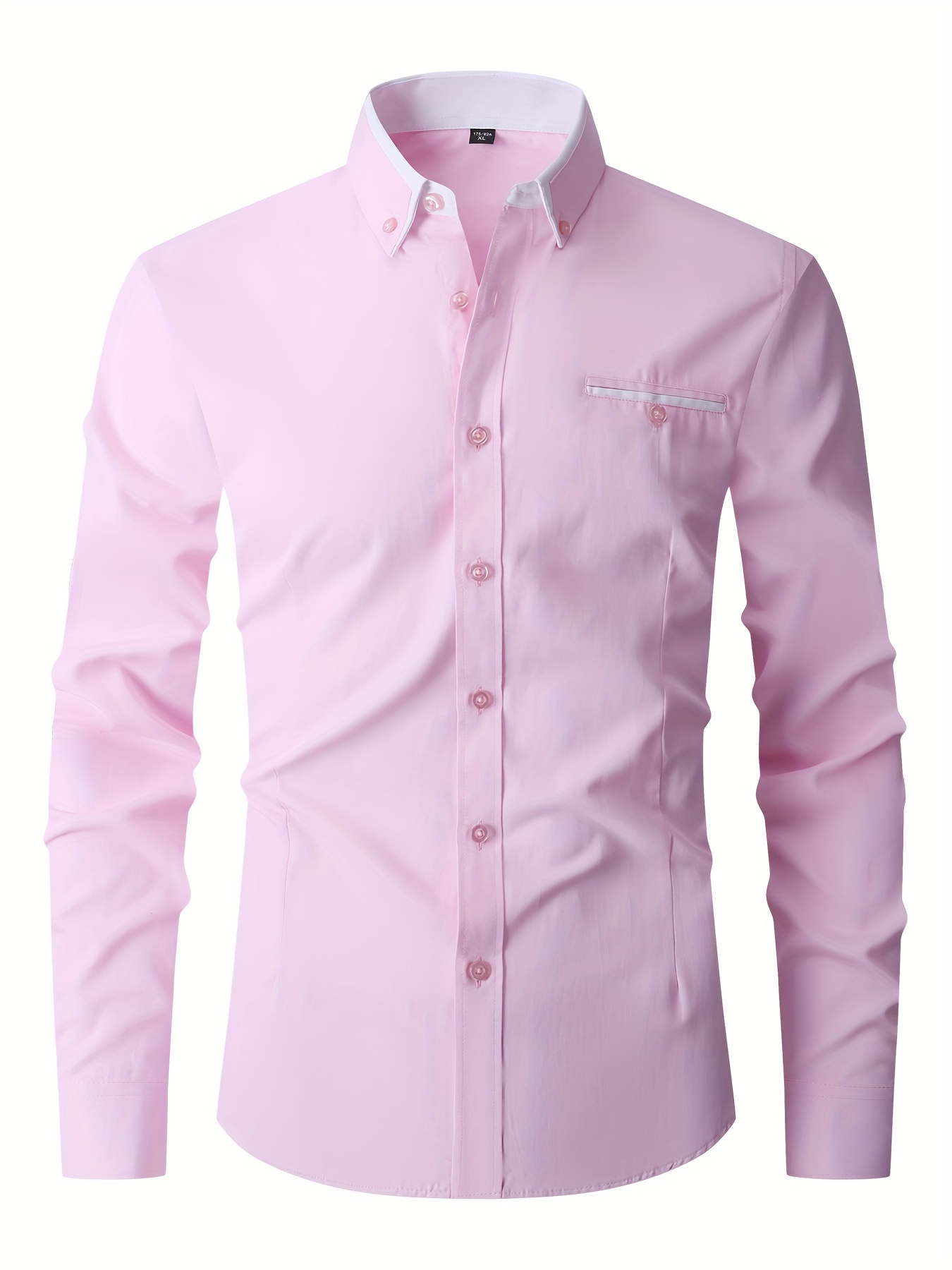 elegant color block mens slim fit long sleeve button up shirt with fake chest pocket spring fall mens formal dress shirt details 5