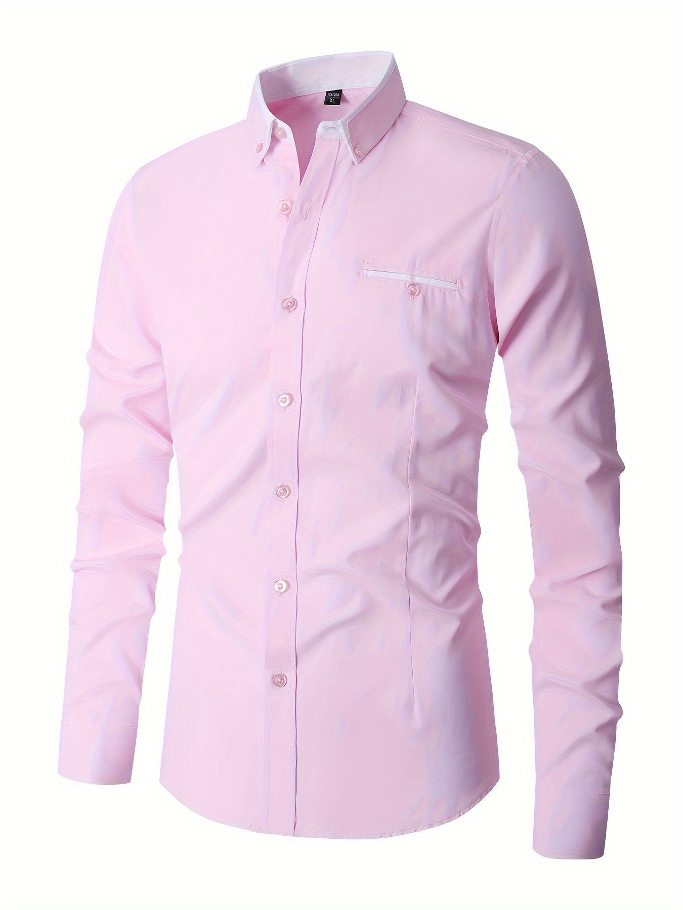 elegant color block mens slim fit long sleeve button up shirt with fake chest pocket spring fall mens formal dress shirt details 7