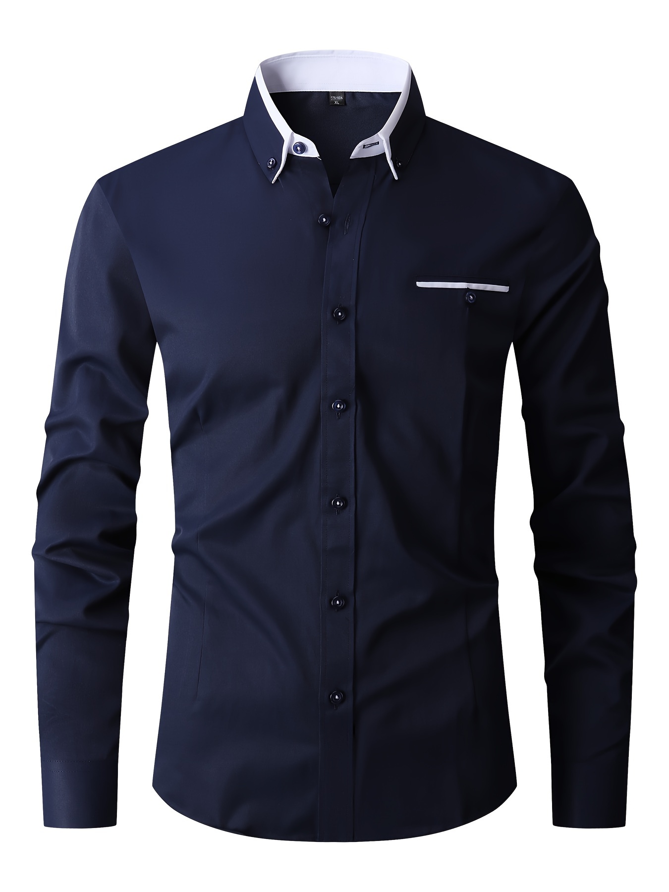 elegant color block mens slim fit long sleeve button up shirt with fake chest pocket spring fall mens formal dress shirt details 10