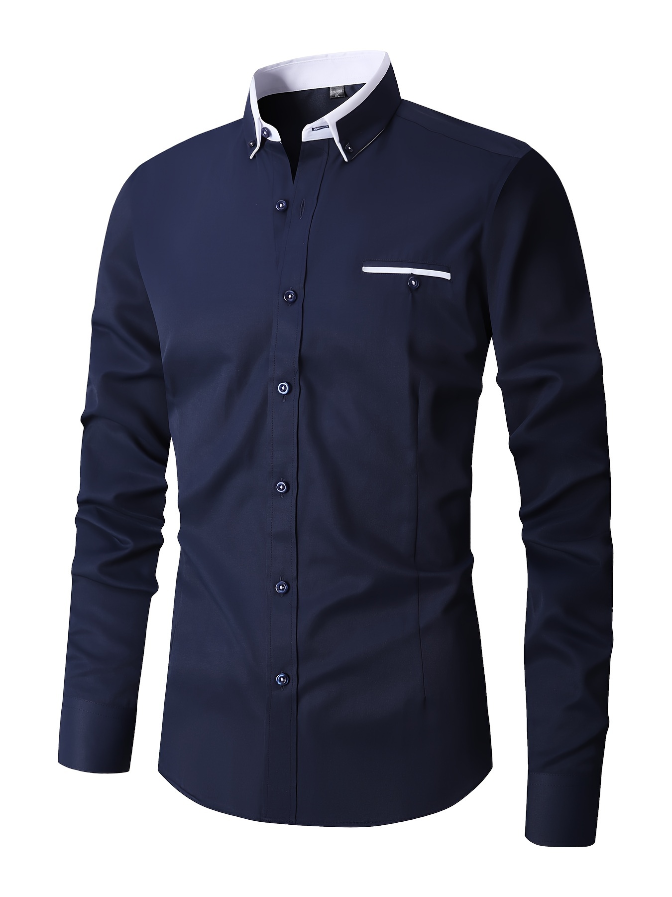 elegant color block mens slim fit long sleeve button up shirt with fake chest pocket spring fall mens formal dress shirt details 12
