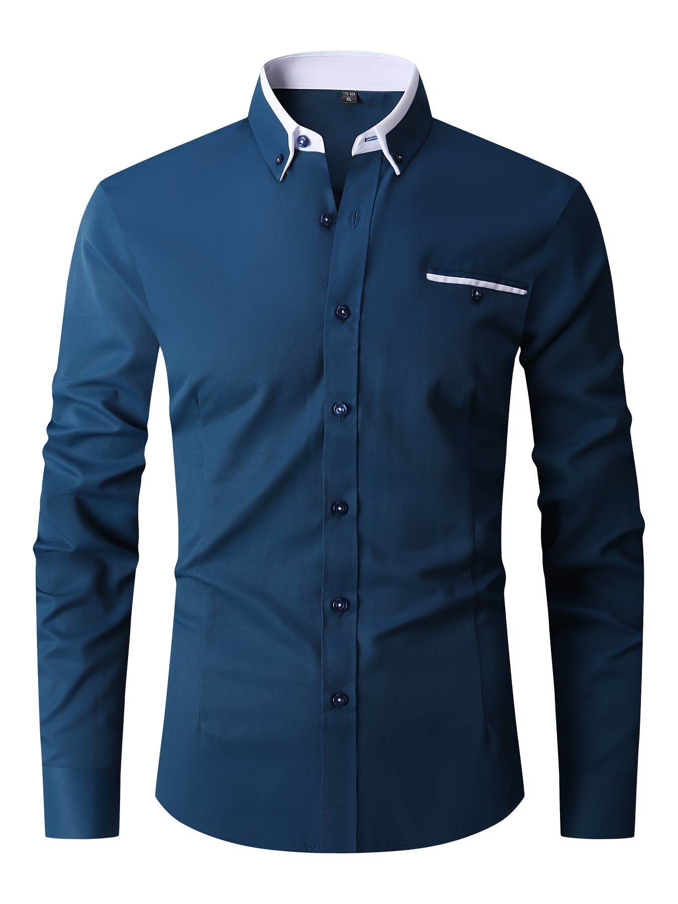elegant color block mens slim fit long sleeve button up shirt with fake chest pocket spring fall mens formal dress shirt details 15