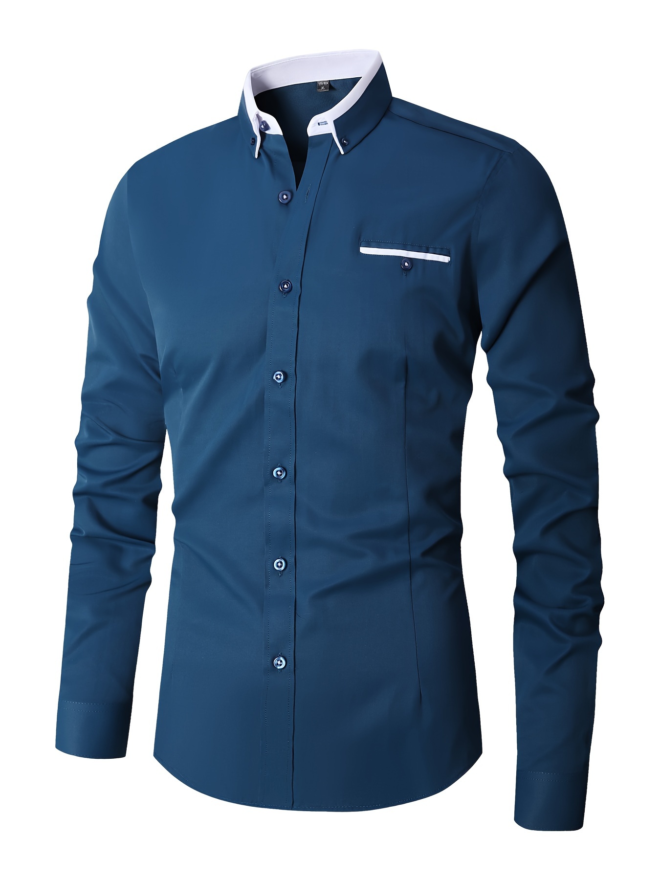 elegant color block mens slim fit long sleeve button up shirt with fake chest pocket spring fall mens formal dress shirt details 17