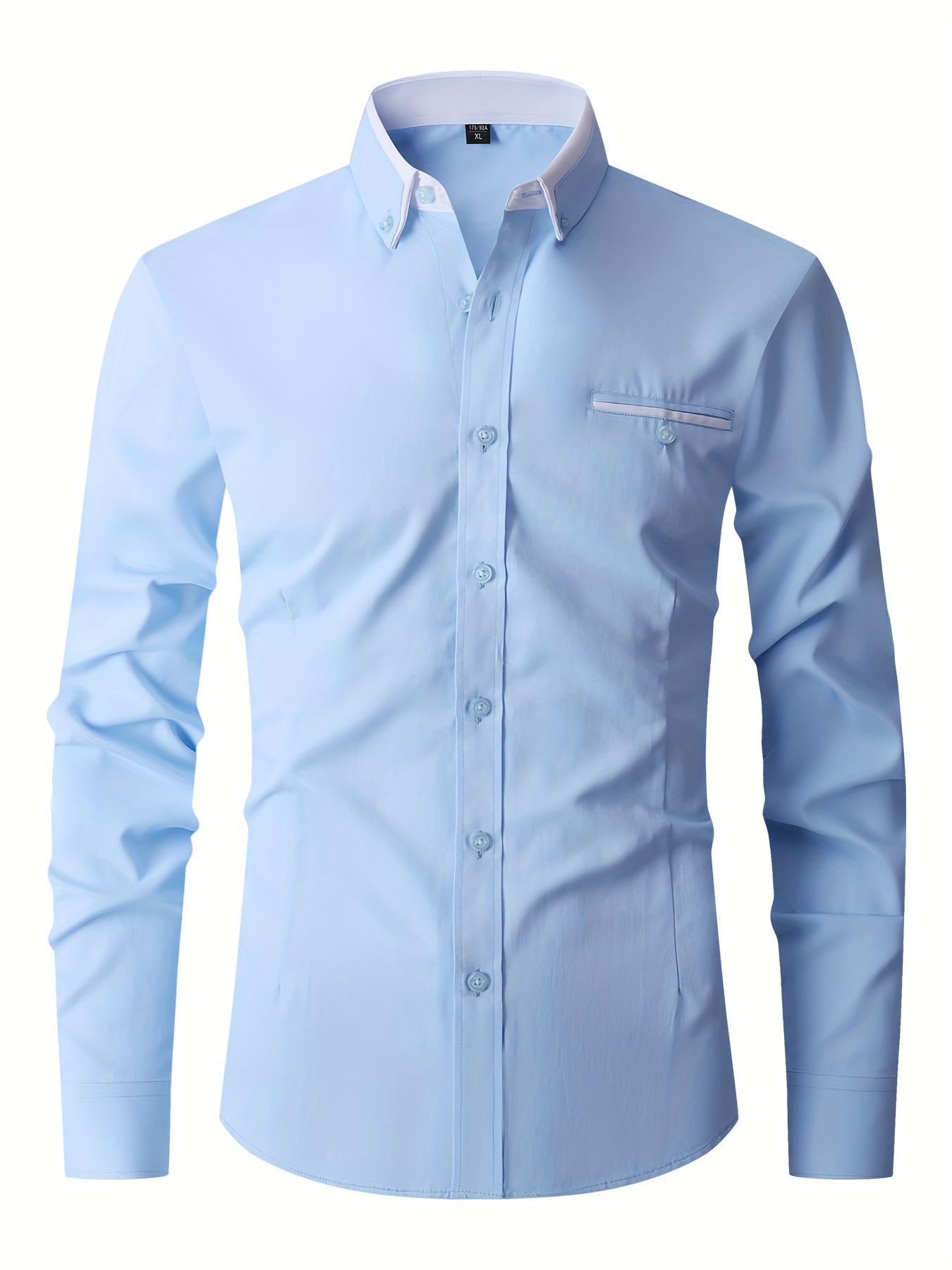 elegant color block mens slim fit long sleeve button up shirt with fake chest pocket spring fall mens formal dress shirt details 20