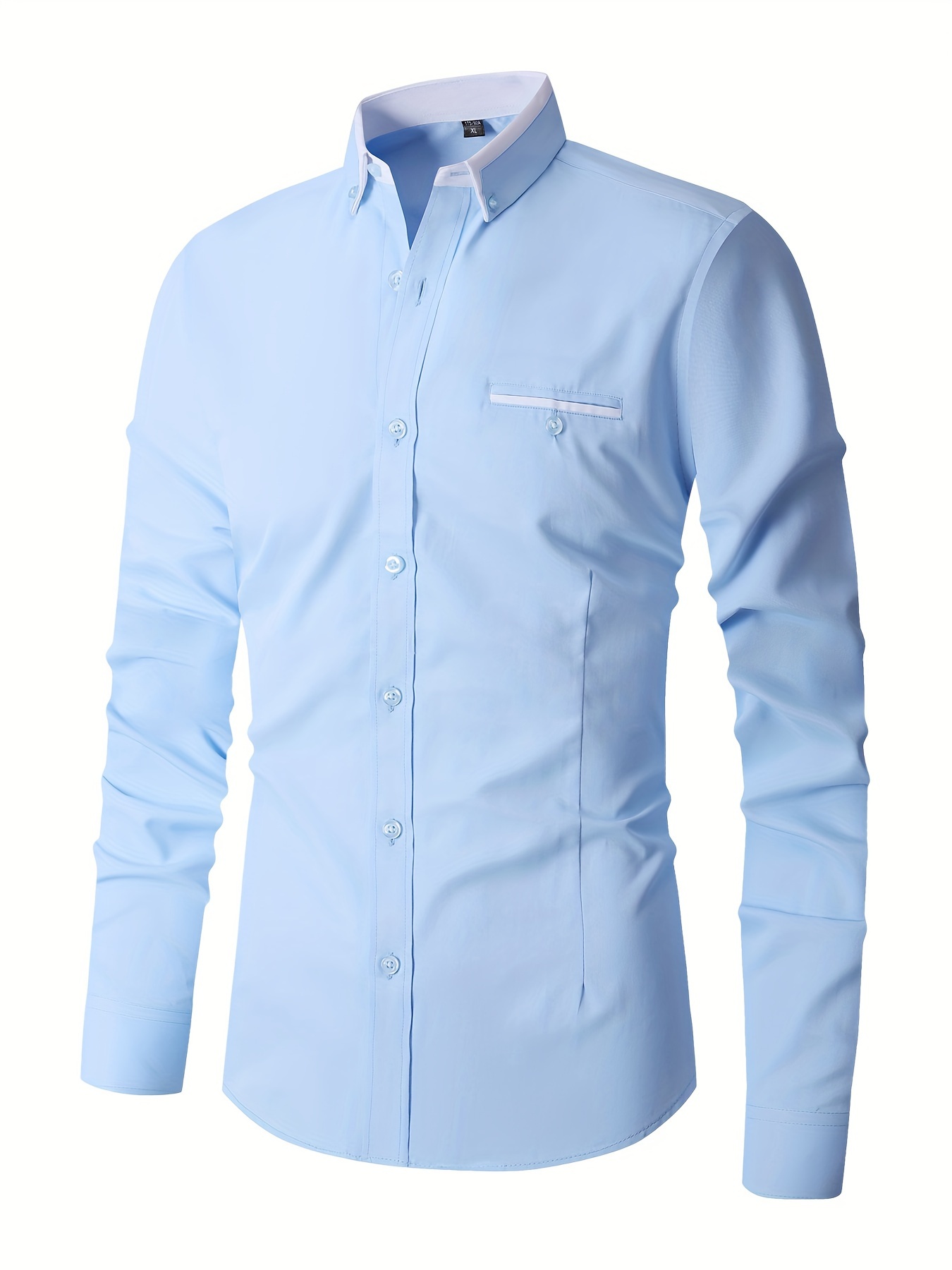 elegant color block mens slim fit long sleeve button up shirt with fake chest pocket spring fall mens formal dress shirt details 22