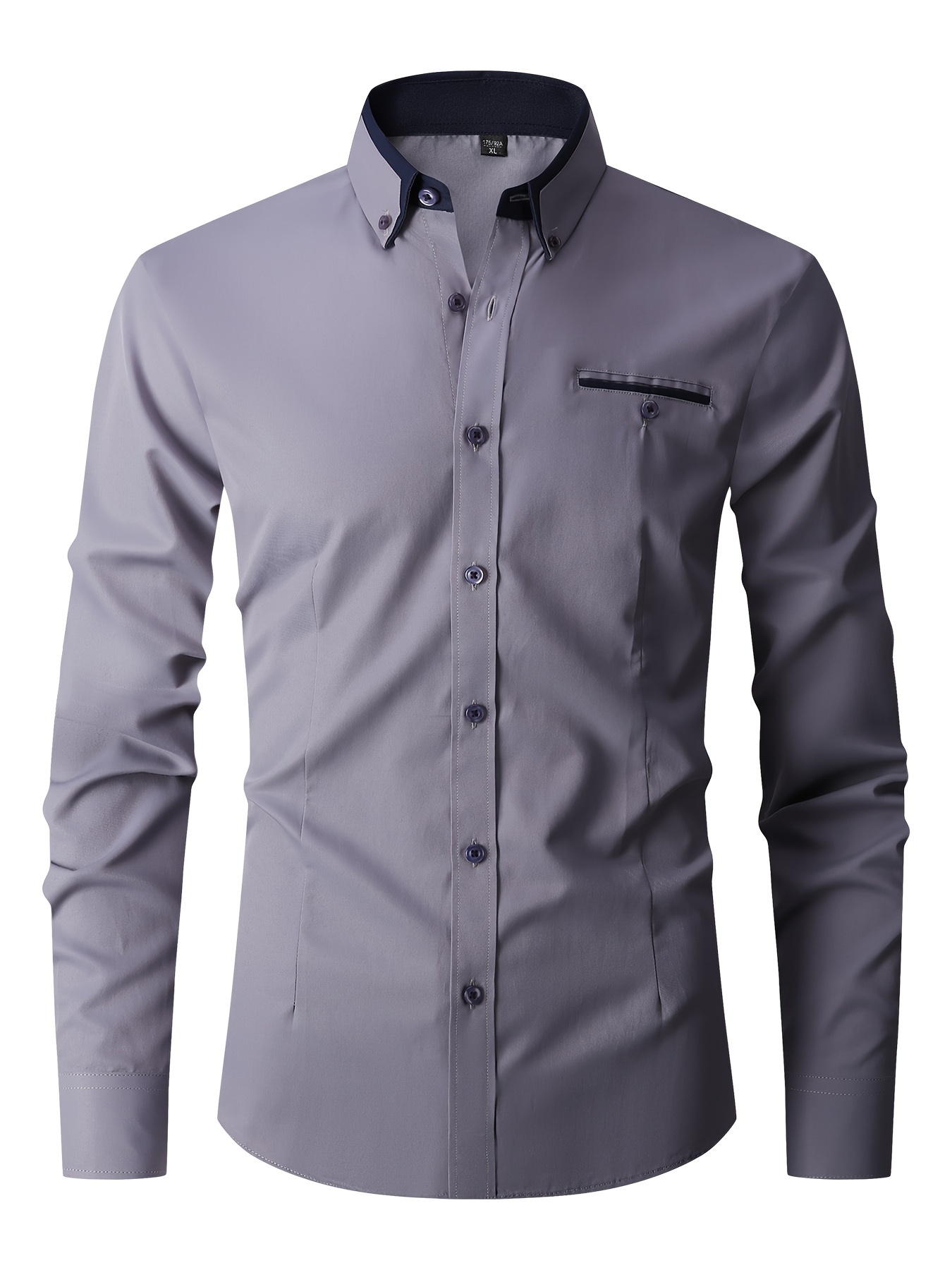 elegant color block mens slim fit long sleeve button up shirt with fake chest pocket spring fall mens formal dress shirt details 25