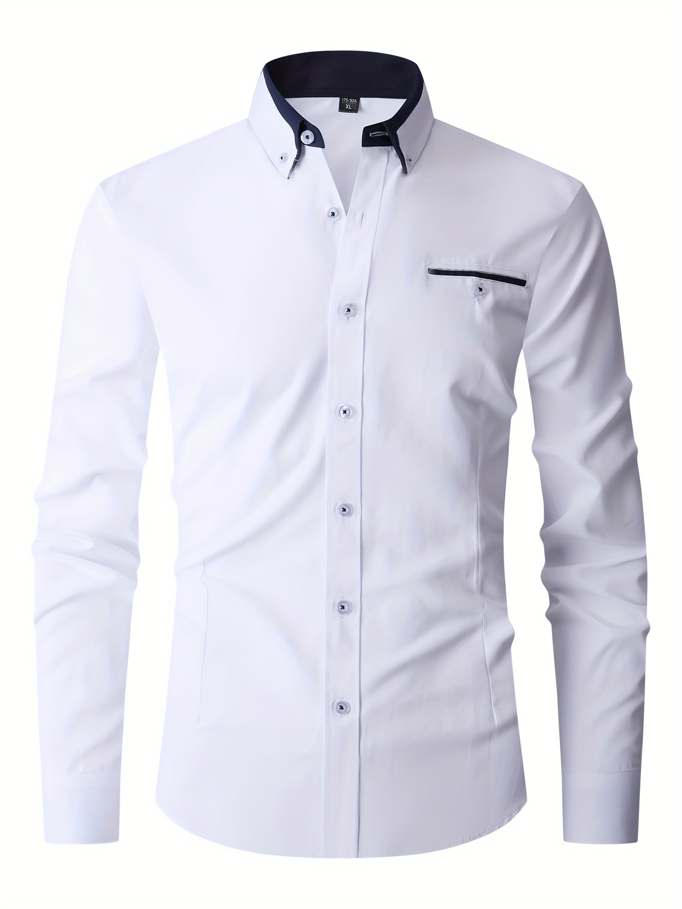 elegant color block mens slim fit long sleeve button up shirt with fake chest pocket spring fall mens formal dress shirt details 31