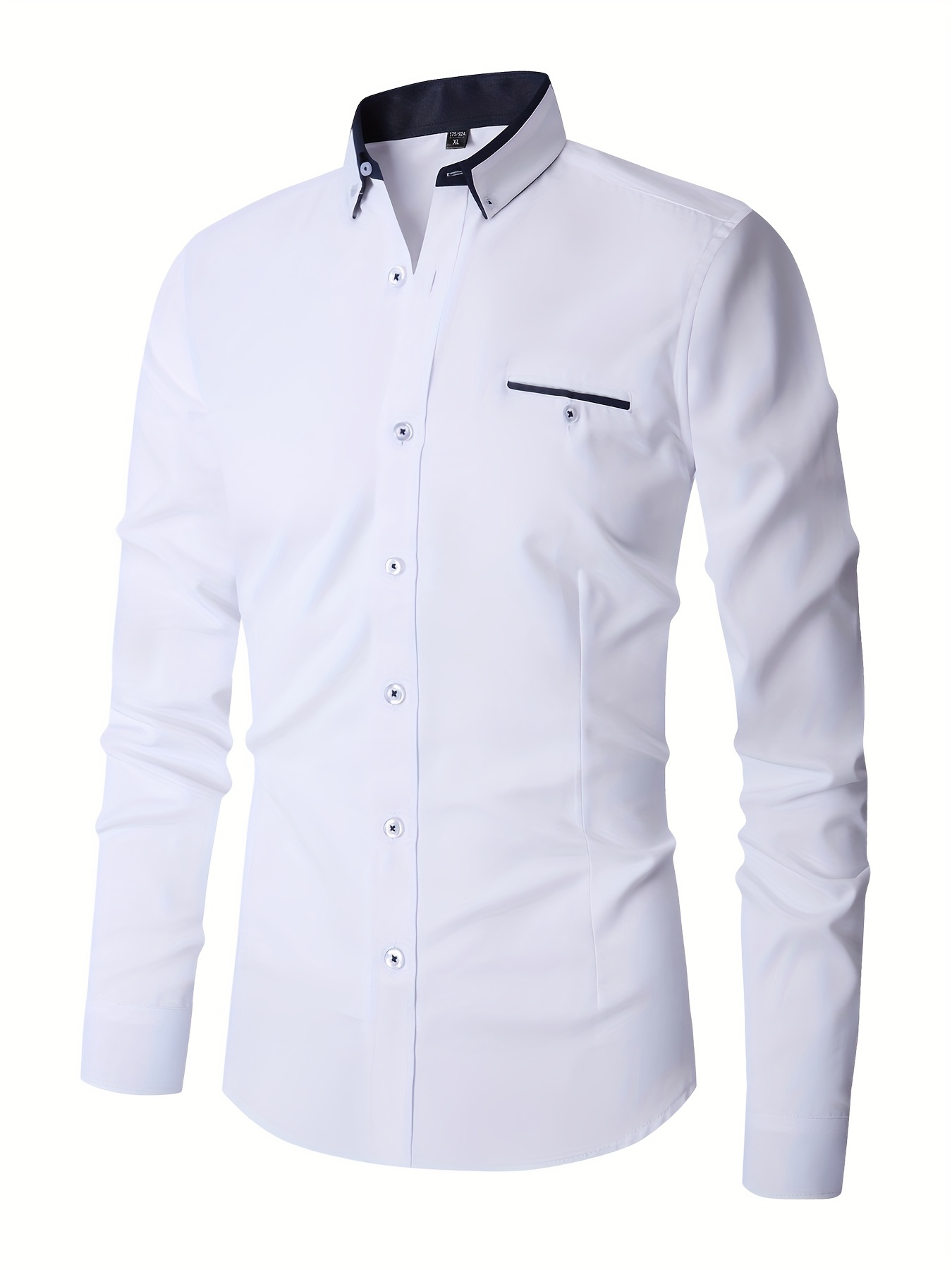 elegant color block mens slim fit long sleeve button up shirt with fake chest pocket spring fall mens formal dress shirt details 32