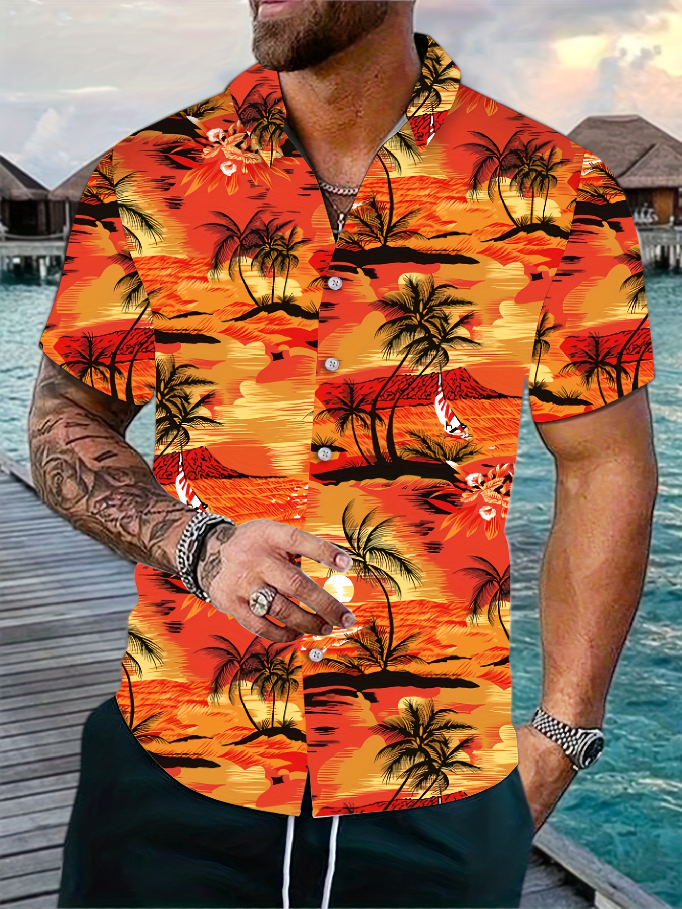 mens hawaiian shirt tropical island pattern short sleeves casual button up for vacation and beach resorts details 1